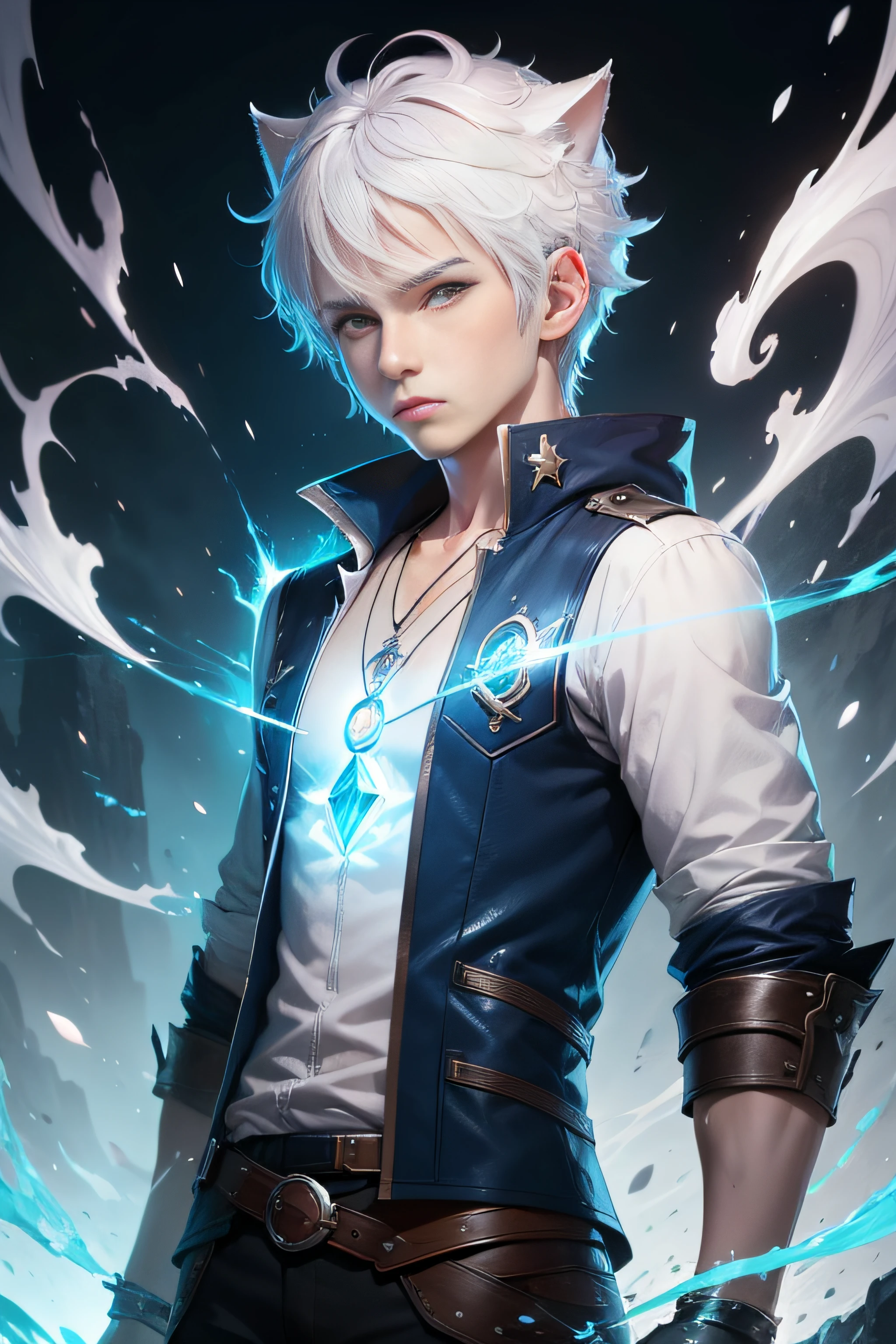 splash art, human, white hair, white cat ears, short height, male, magic boy, explorer clothes, magic effects, blue magic effects, blue effects, blue key pendant necklace