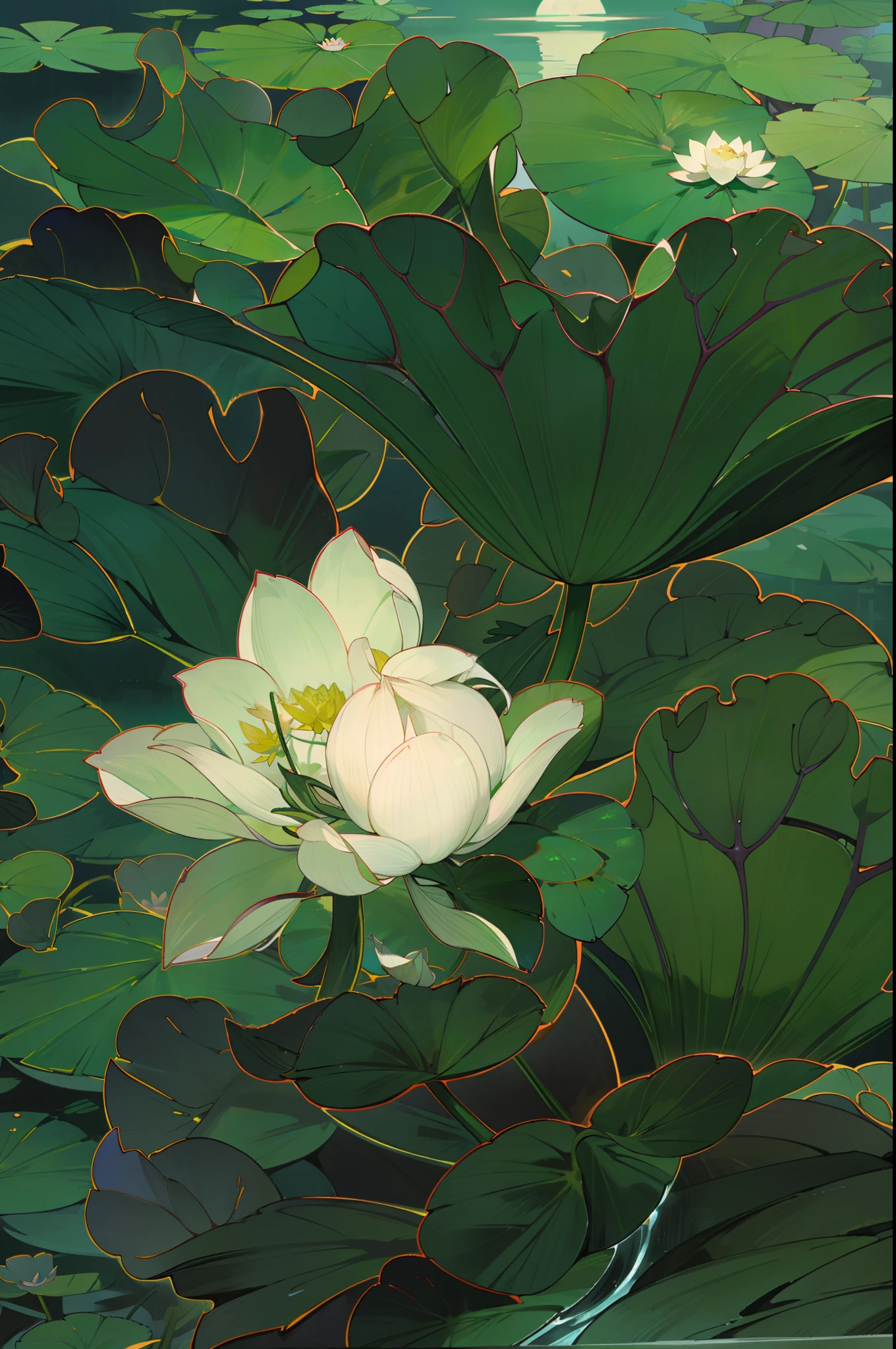 White lotus,Green lotus leaves,In the moonlight