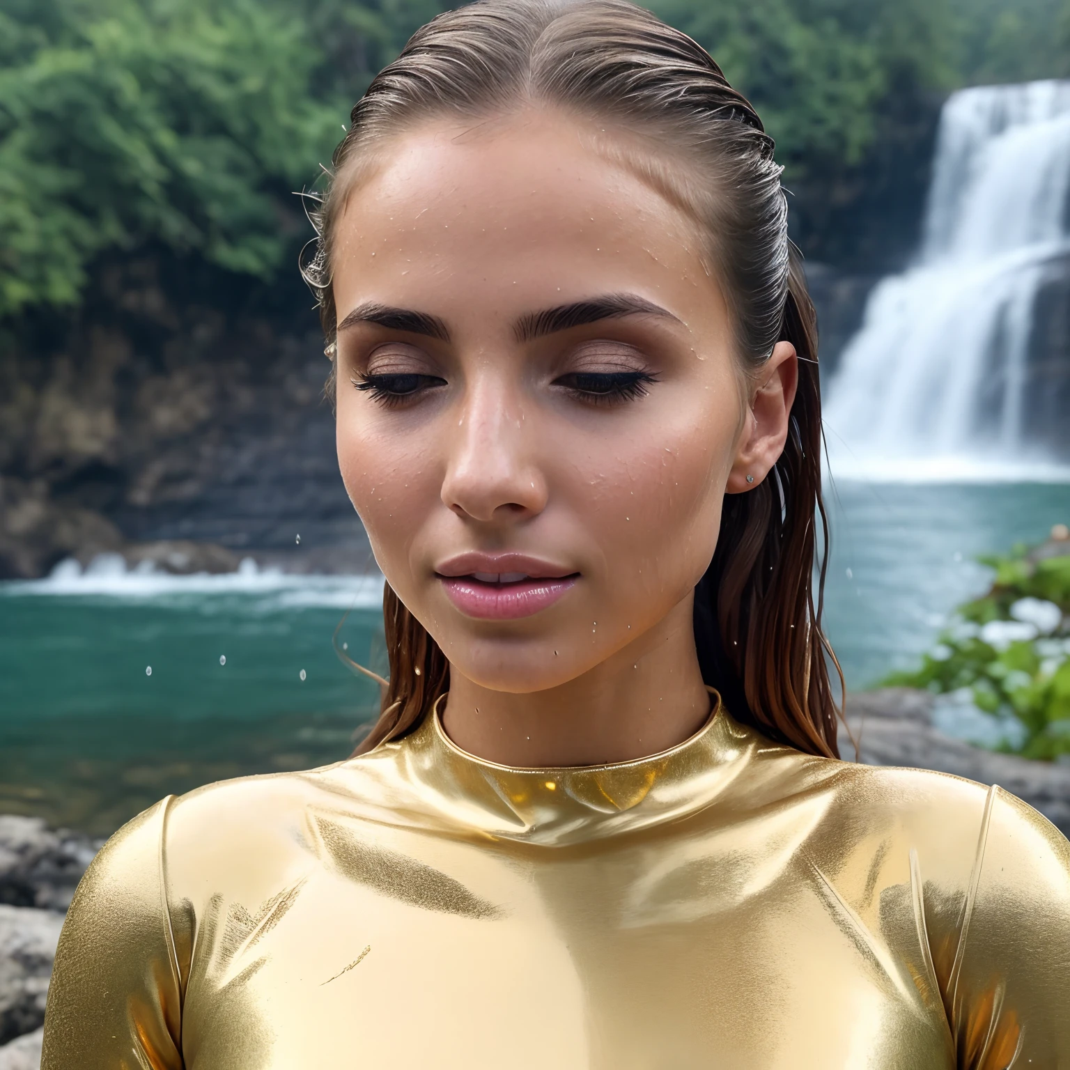 A full bosy portrait of anna louise, (1girl), fitness instagram model, perfect face, realistic wet skin, wearing futuristic golden armour, (wet slicked back hair), ultra detailed, (raining), waterfall, drenched, mouth wide open, eyes closed, high resolution, masterpiece, best quality, detailed background