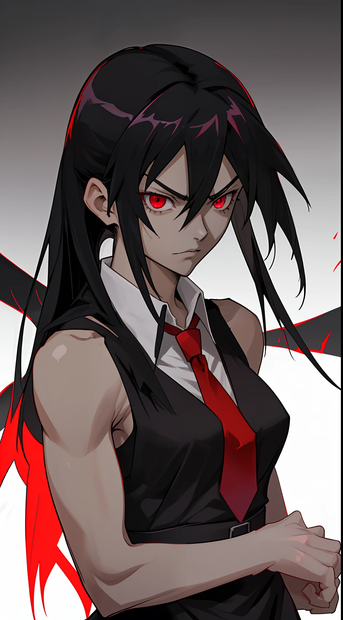 A woman, Akame of akame ga kill, serious look, black hair, deep red eyes, sleeveless black dress, white shirt collar only, red tie, night,