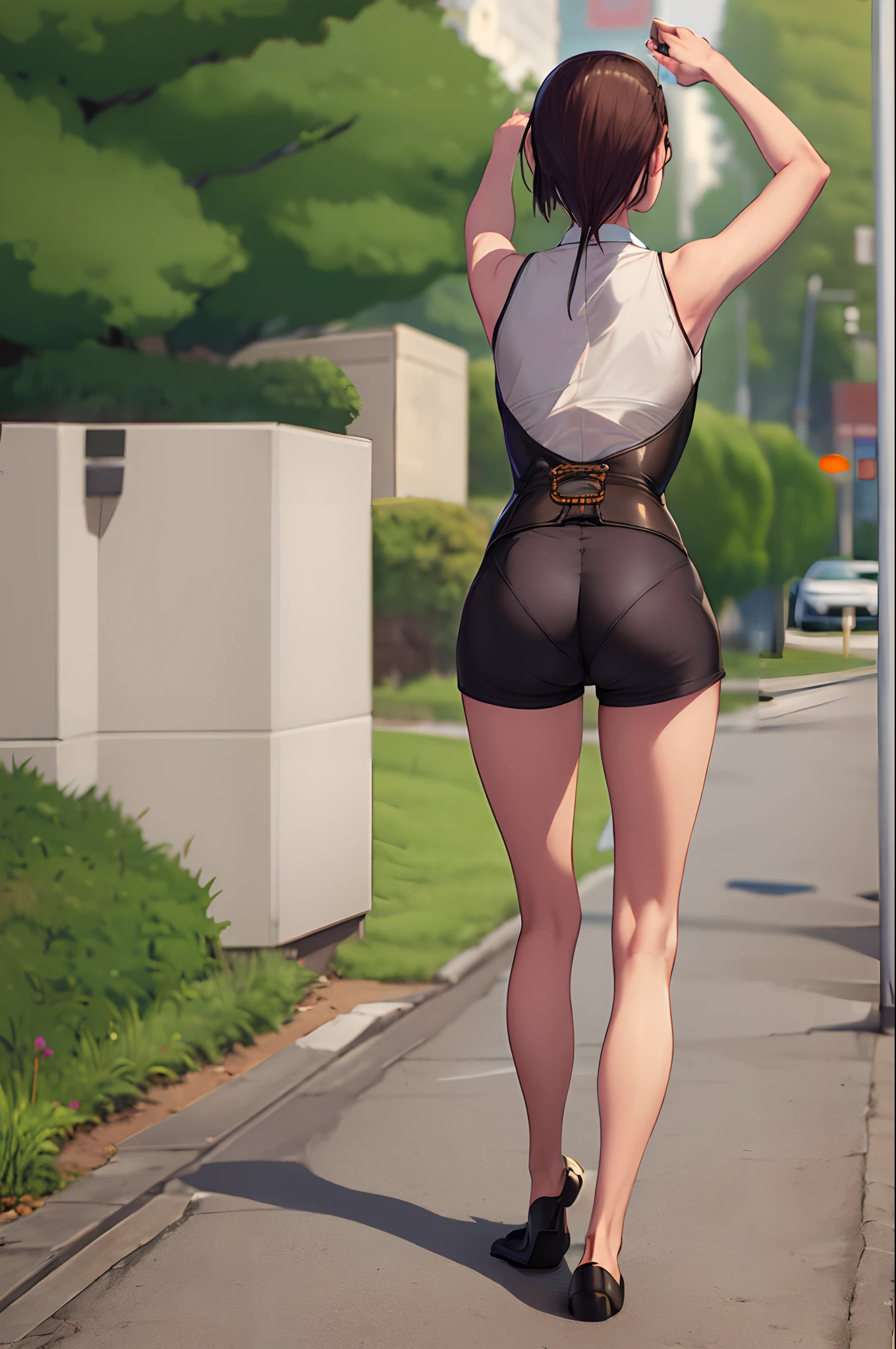 ​masterpiece, top-quality, Hi-Res, silence, 独奏, white glove, neck tie, White shorts, Short tie, corsets, Purple tie, ligh brown hair, shortpants, sleeveless, bangss, from the rear, s ass, is standing, a street, plein air, Surprised,