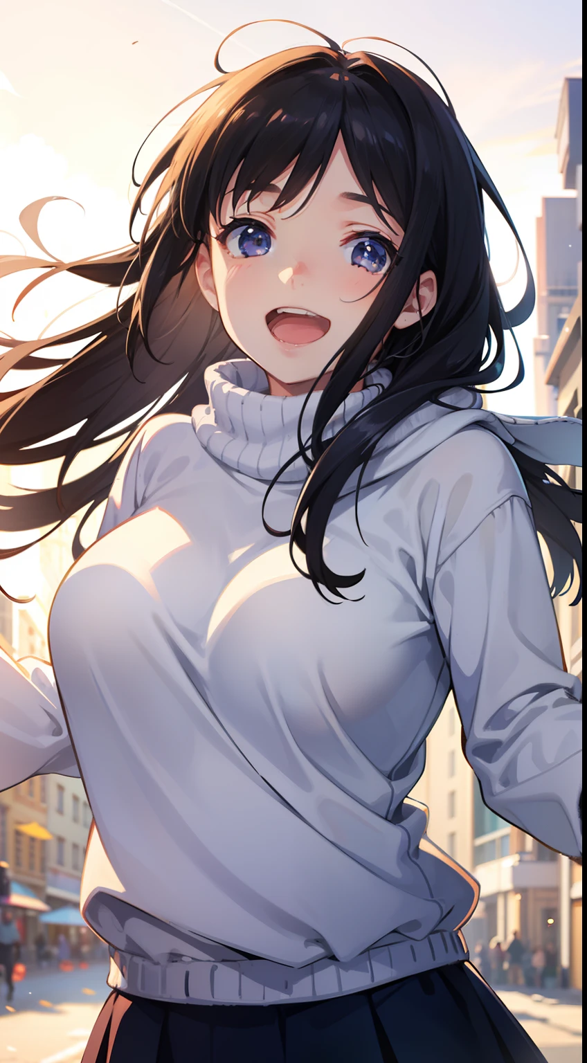 a girl, cosy sweater on, upper body, (huge Laughing:1.1), (open mouth:1.1), (wide open eyes:1.2), sun glare, bokeh, depth of field, blurry background, light particles, strong wind, (heart particles:1.1)