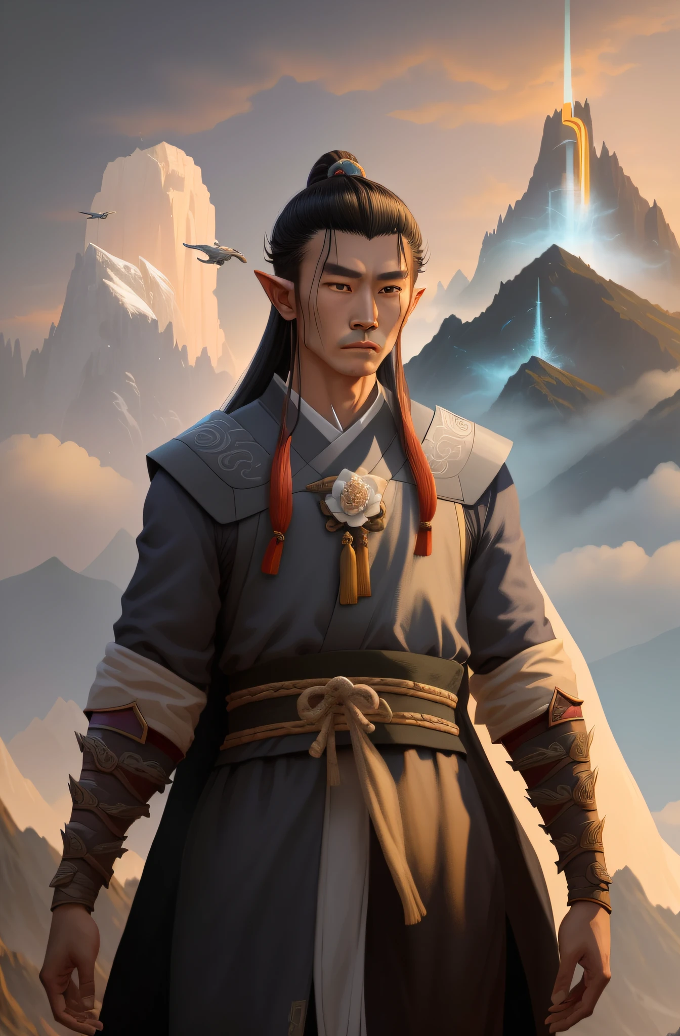 An image of a man in a robe standing in front of a mountain, heise jinyao, inspired by Yang Jin, Inspired by Cao Zhibai, Inspired by Huang Shen, Inspired by Seki Dosheng, portrait of a young elf wizard, inspired by Li Gonglin, inspired by Li Rongjin, a portrait of a male elf