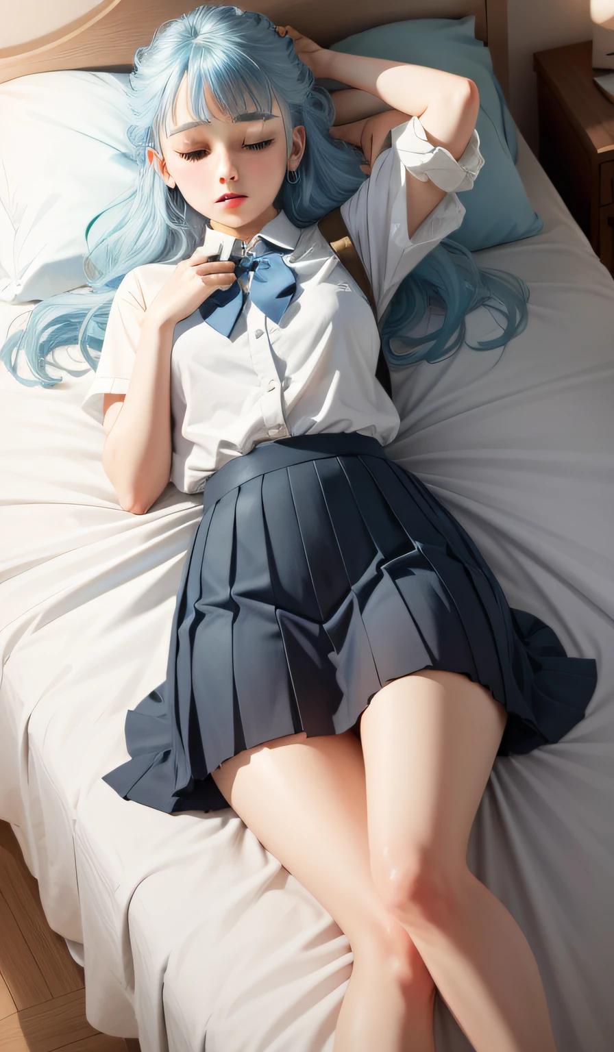 Sleeping girl,22 year old,realisticlying,Wearing a pleated skirt,blue hairs