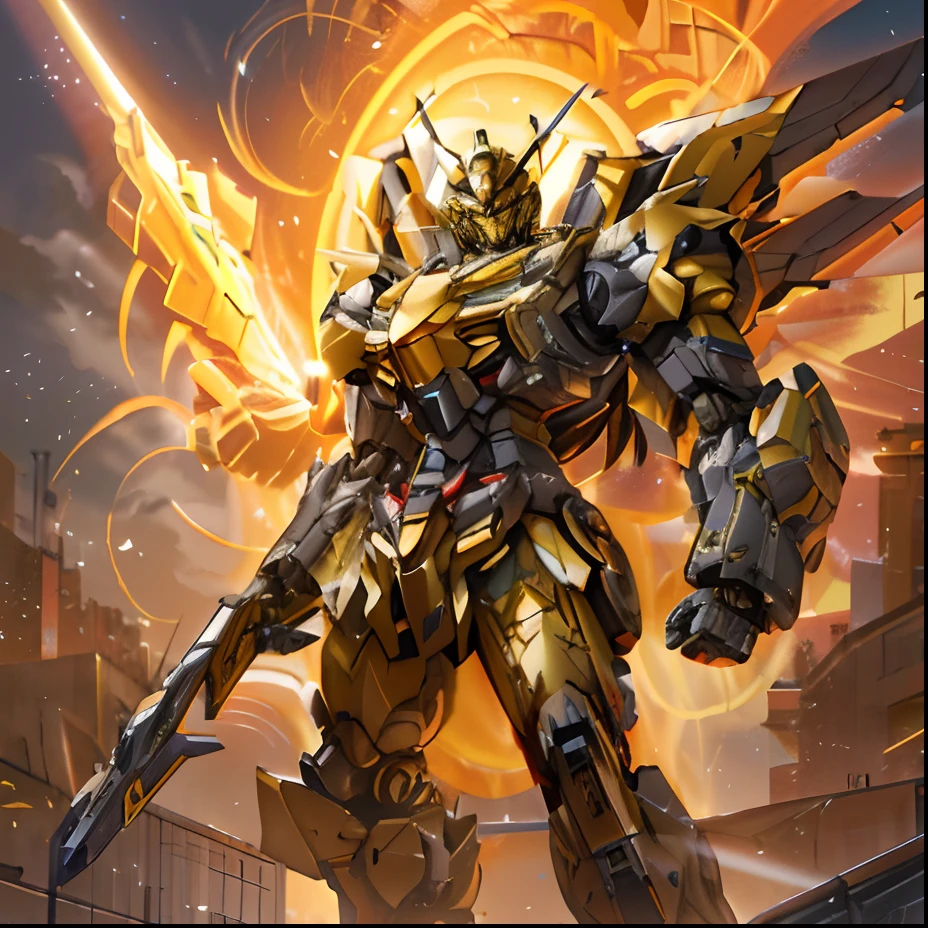 a close up of a robot with a sword in a city, mecha art, Yellow mech, Alexander Ferra Mecha, cool mecha style, greek god in mecha style, gold paladin, tremendous mecha robot, Mecha warrior, anime large mecha robot, Mecha suit, based on bumblebee, painterly humanoid mecha