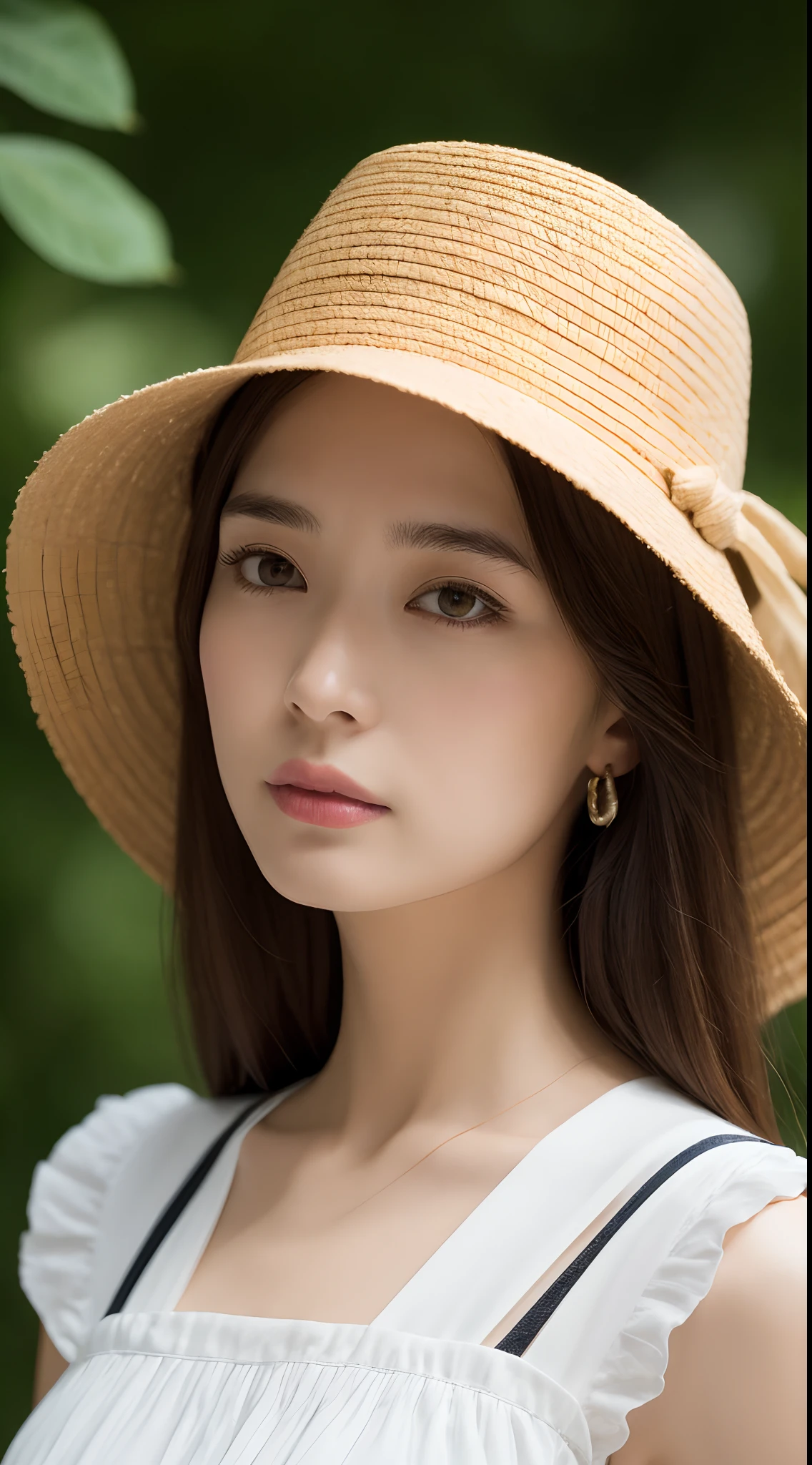 (Midsummer afternoon、top-quality、8k、masterpiece:1.3)), FULL BODYSHOT, a straw fedora hat, sandal, long legged, foco nítido:1.2, Beautiful woman with perfect body shape:1.4, Slender Abs:1.1, dark brown hair, (Long white dress、Jean Bib, is standing:1.2), Highly detailed facial and skin texture, A detailed eye, 二重まぶた, Shot from below