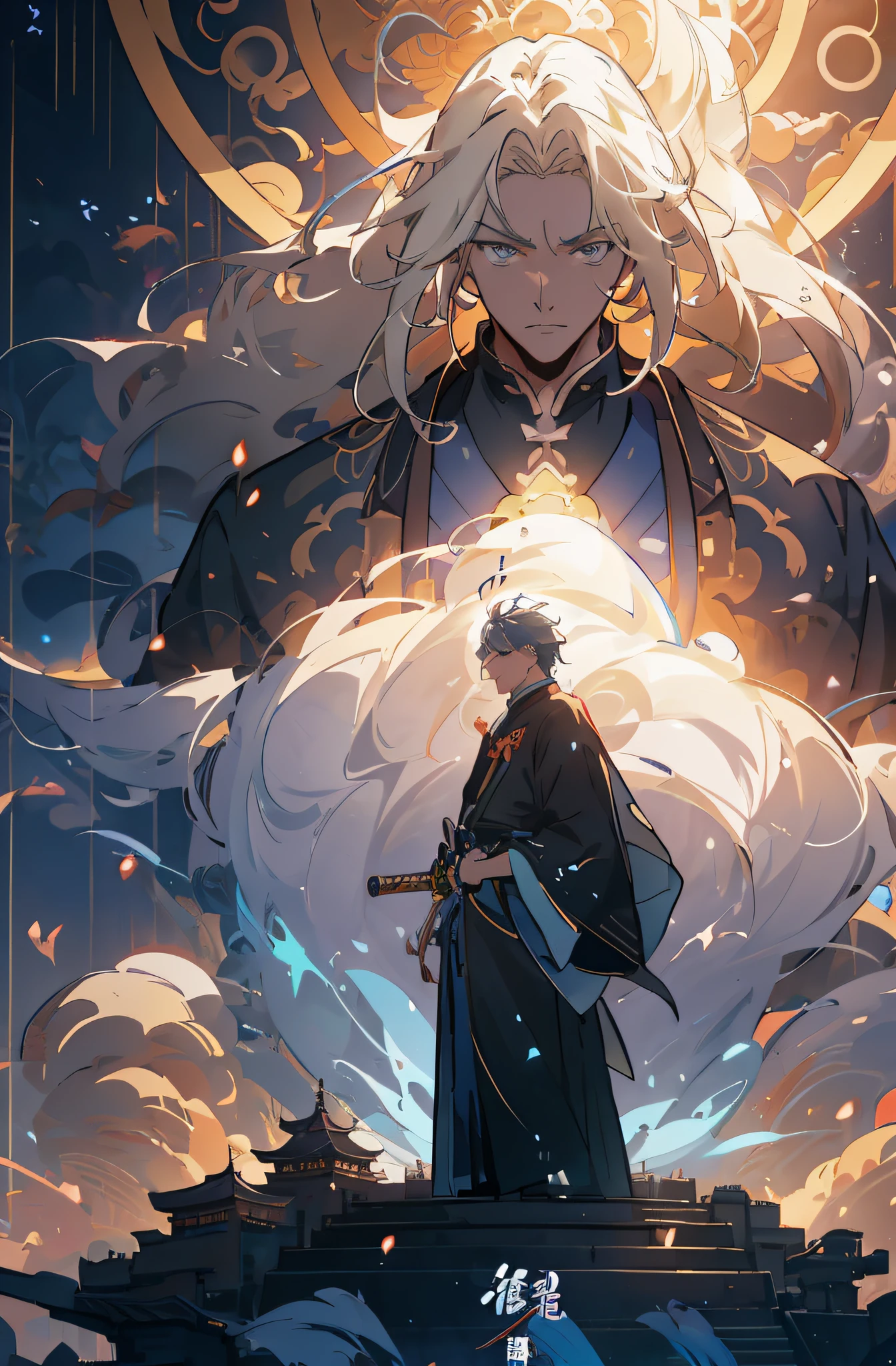 Anime poster of a man with a sword standing in front of a building, Anime fantasy illustration, Artgerm and Atey Ghailan, Anime epic artwork, Anime art wallpaper 4 K, Anime art wallpaper 4k, Anime art wallpaper 8 K, Detailed fanart, trending on artstation pixiv, 4k manga wallpapers, Onmyoji detailed art, Detailed digital anime art