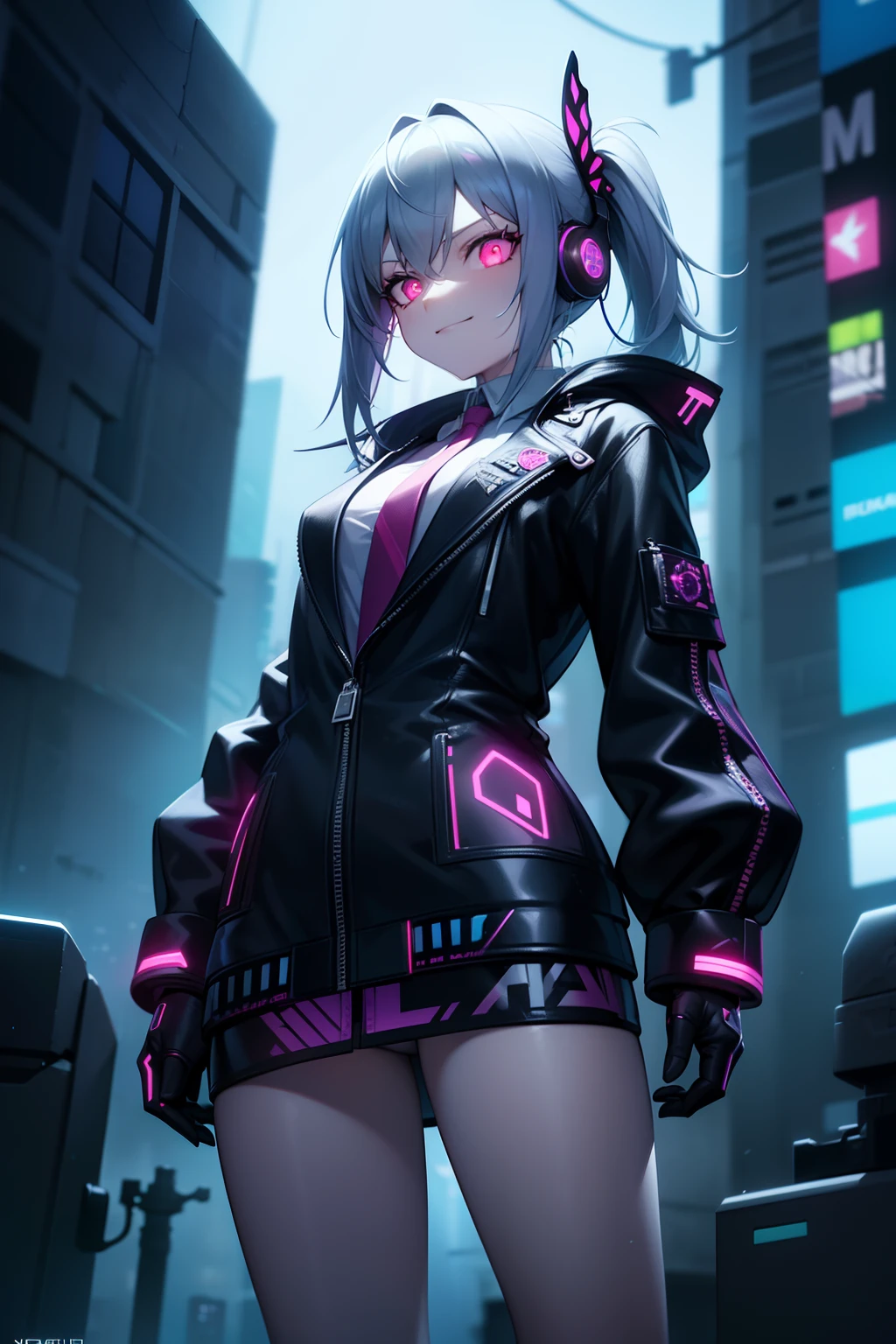 , chromatic abberation, depth of fields, Soft lighting, masutepiece, Best Quality, Convoluted, tone mapped, Highly detailed, art  stations, Concept art, Smooth, Sharp Focus, Dramatic Lighting, Highly detailed artwork, Cinematic, painting hyper realistic, Trending on ArtStation, 8K, Incredible shadows, Realistic, (Highly detailed background:1.0), Highly detailed portrait of one girl standing on a street corner, During a storm with lightning strikes and cloudy skies, neon and cyberpunk background, She wears punk clothes with silver chains and silver spikes, She has a butterfly wing hair clip in her wild hair, She wears headphones and a tie, Petite, Detailed glowing red eyes with distinct pupils, Ominous aura halo, Smile, punk, Cyberpunk, Backlighting