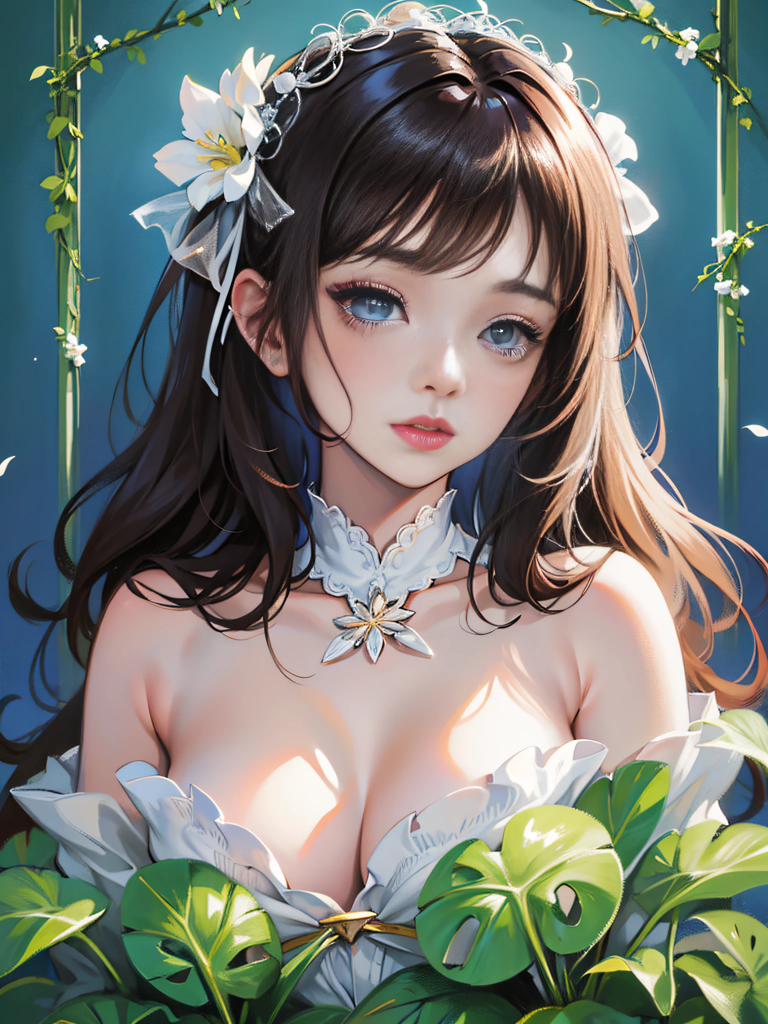 A cute and beautiful girl，lovely and delicate，Peerless beauty，Delicate hair accessories，pitying，（messy  hair），lacy clothing，Supple skin，Fashionab，A delicate painting，Clover hairpins，Blue，Ultra-high image quality，8K，depth of fields，（Macro lens），Ambient lighting，high light，Upper body animation style,Comics,High quality above the waist