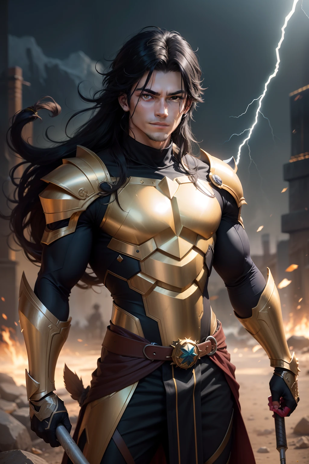 of a guy, Gender male, With a hammer(the whole, salama), god of thunder, strength, Dressed in golden armor, Handsome, streaked hair, black hair, yellow eyes, light smile, anime style, depth of field, zoom layer, cowboy shot, Eye-Level Shot, 4k, UHD