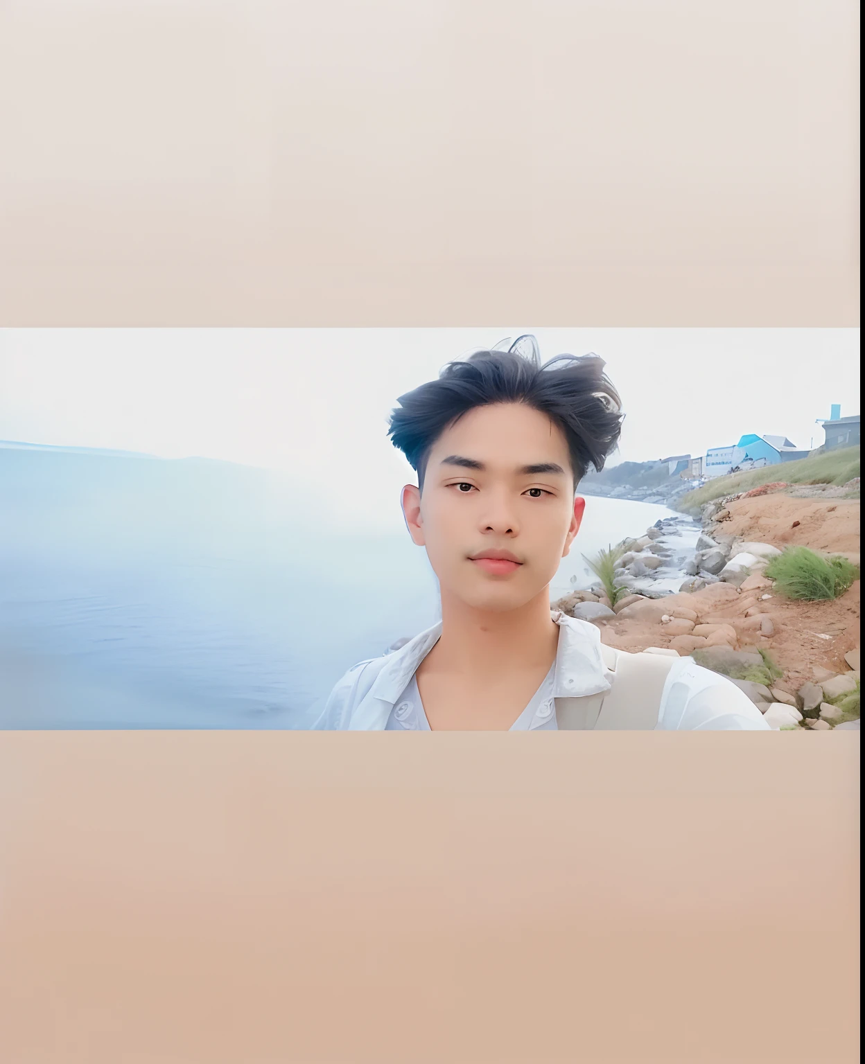 there is a man standing on a beach with a body of water in the background, very very low quality picture, with accurate face, around 1 9 years old, 8k selfie photograph, with lovely look, front profile!!!!, profile pic, portait photo profile picture, river in front of him, old picture, good looking face, low quality photograph, facebook profile picture