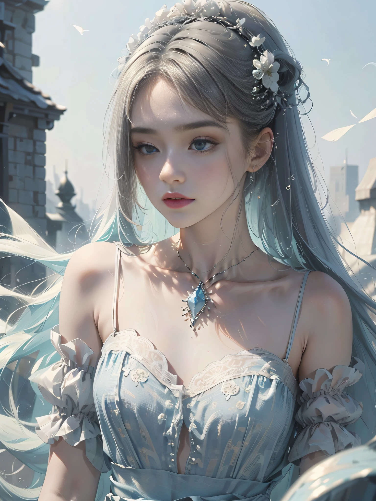 A cute and beautiful girl,lovely and delicate,Peerless beauty,Delicate hair accessories,pitying,(messy hair),lacy clothing,Supple skin,Fashionab,A delicate painting,Clover hairpins,Blue,Ultra-high image quality,8K,depth of fields,(Macro lens),Ambient lighting,high light,Upper body animation style,Comics,High quality above the waist