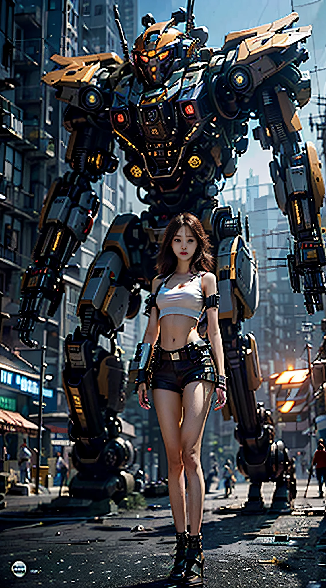 ((masterpiece, best quality)),illustration,ultra detailed 8k,photorealistic,sharp focus,highly detailed,professional lighting,colorful details,iridescent colors BREAK extreme long shot of a factory,large mechanical robot construction,microchip,computer,glowing,intricate details,shitu-mecha,1girl is standing in front of the audience,Navel
