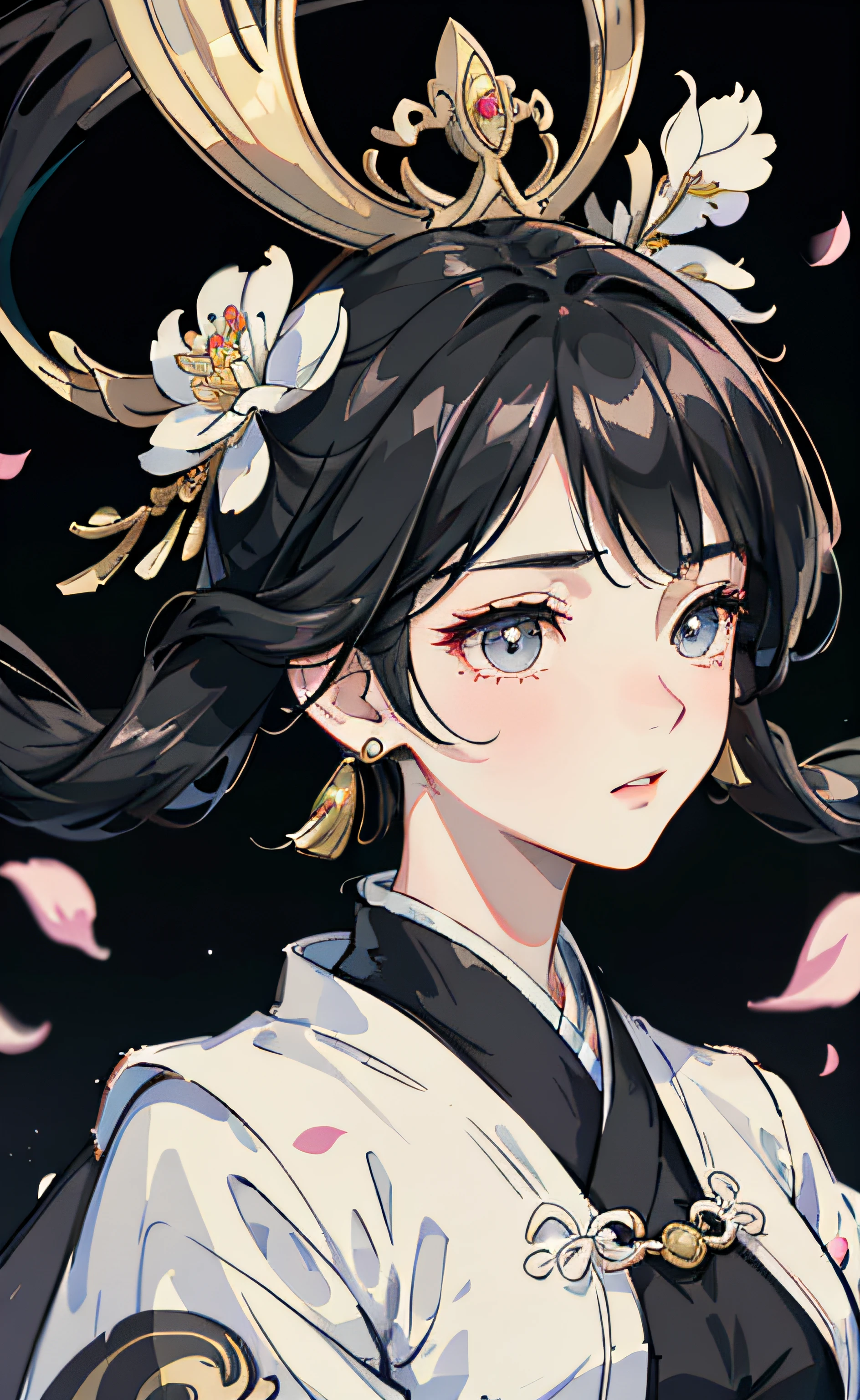 Mature girl , black hair, floating hair, delicate and smart eyes, starry pupils, intricate damask hanfu, gorgeous accessories, wearing pearl earrings, FOV, f1.8, masterpiece, complex scene, flower petals flying, front portrait shot, Chang'e