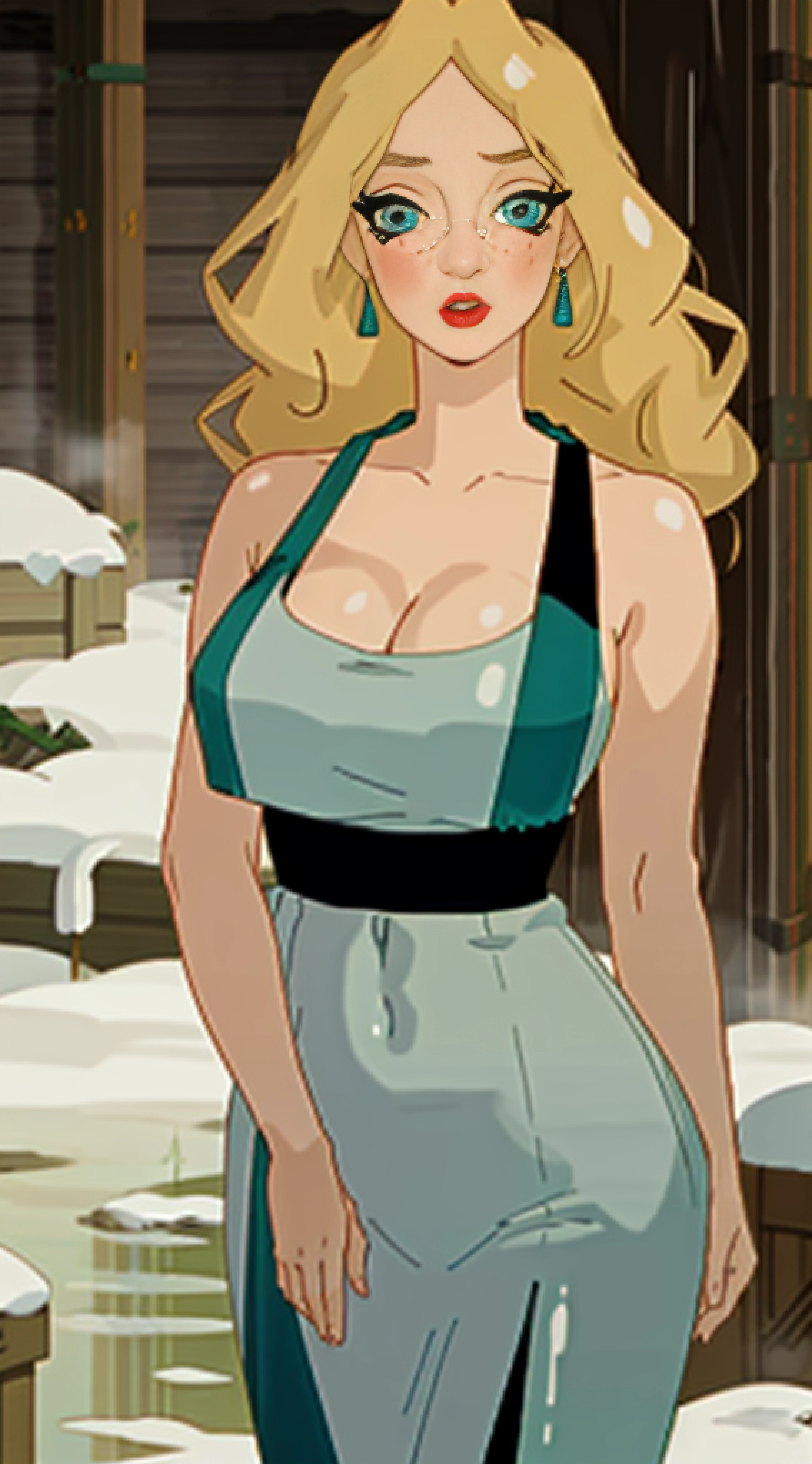 (masterpiece, best quality, 1girl:1.2, solo:1.3, illustration), nastasya, makeup, lipstick, freckles, red lips, long braid, blond hair, turquoise eyes, cowboy shot, looking at viewer, droplets of sweat, sauna, cleavage, flirting, modest, large breasts, large hips,