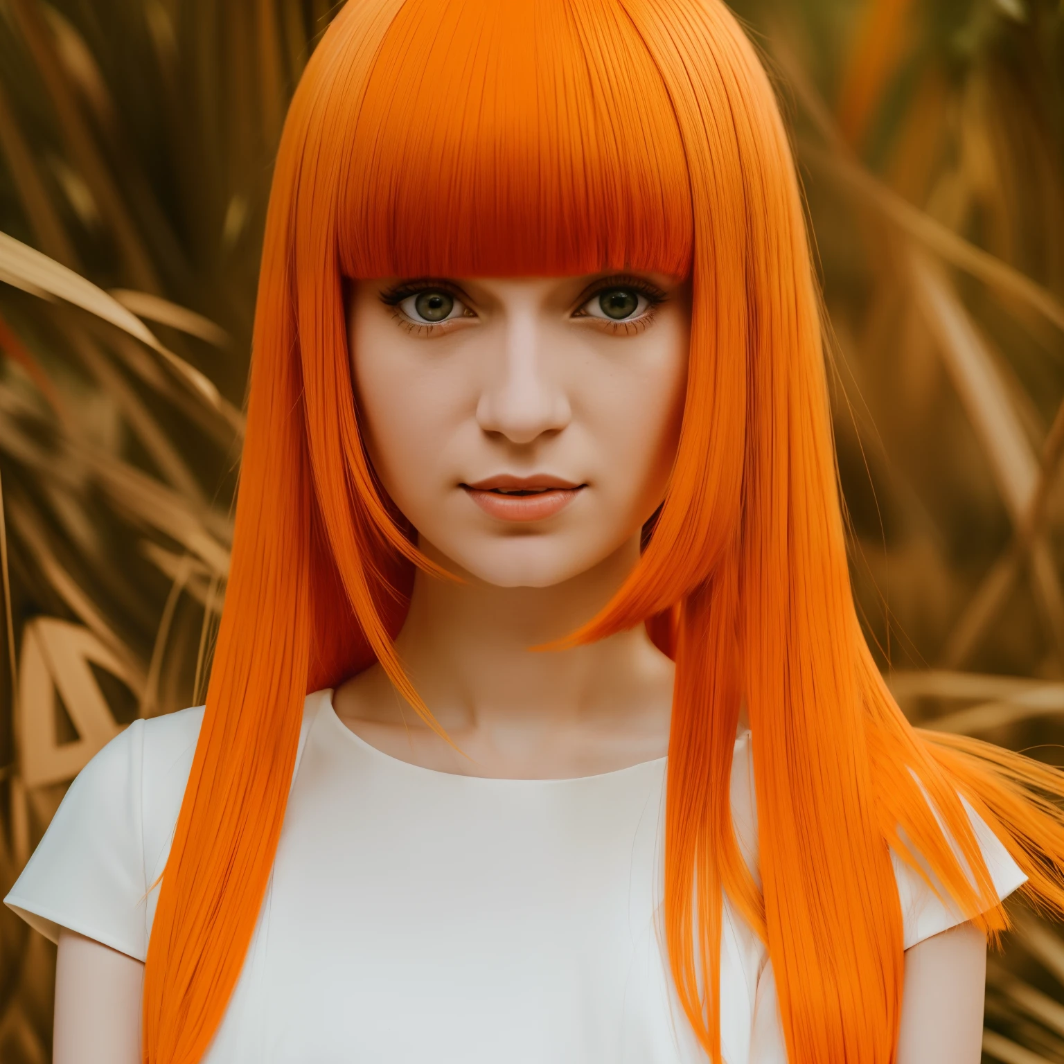 arafed woman with orange hair and a white dress standing, orange hair, bright orange hair, bob cut orange hair, bob cut orange hair, she has bob cut redorange hair, fairycore, orange glowing hair, she looks like a mix of grimes, orange skin and bob cut fiery hair, lily frank