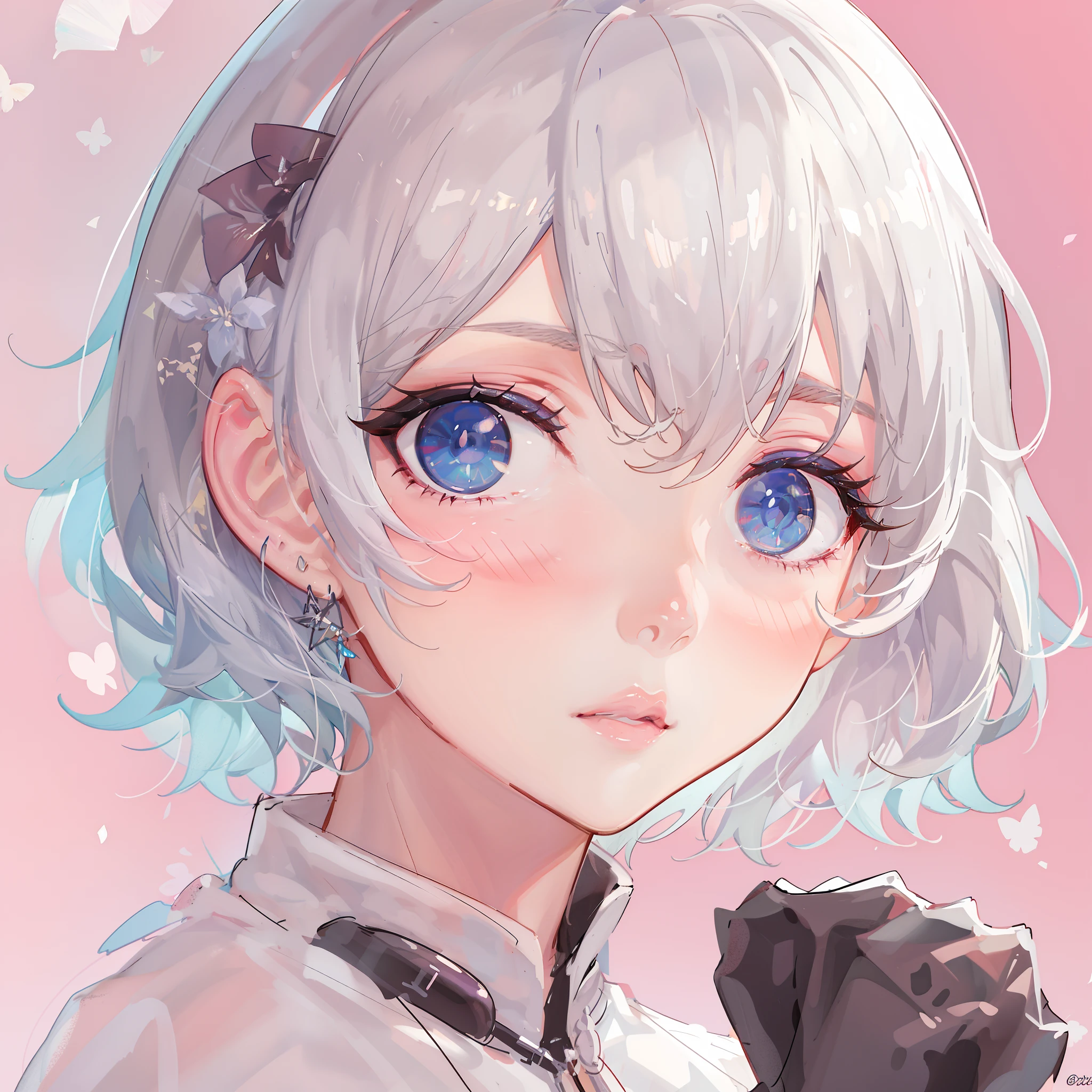 anime girl with short white hair and blue eyes in front of a pink background, close up, lolish, waifu, alchemist girl