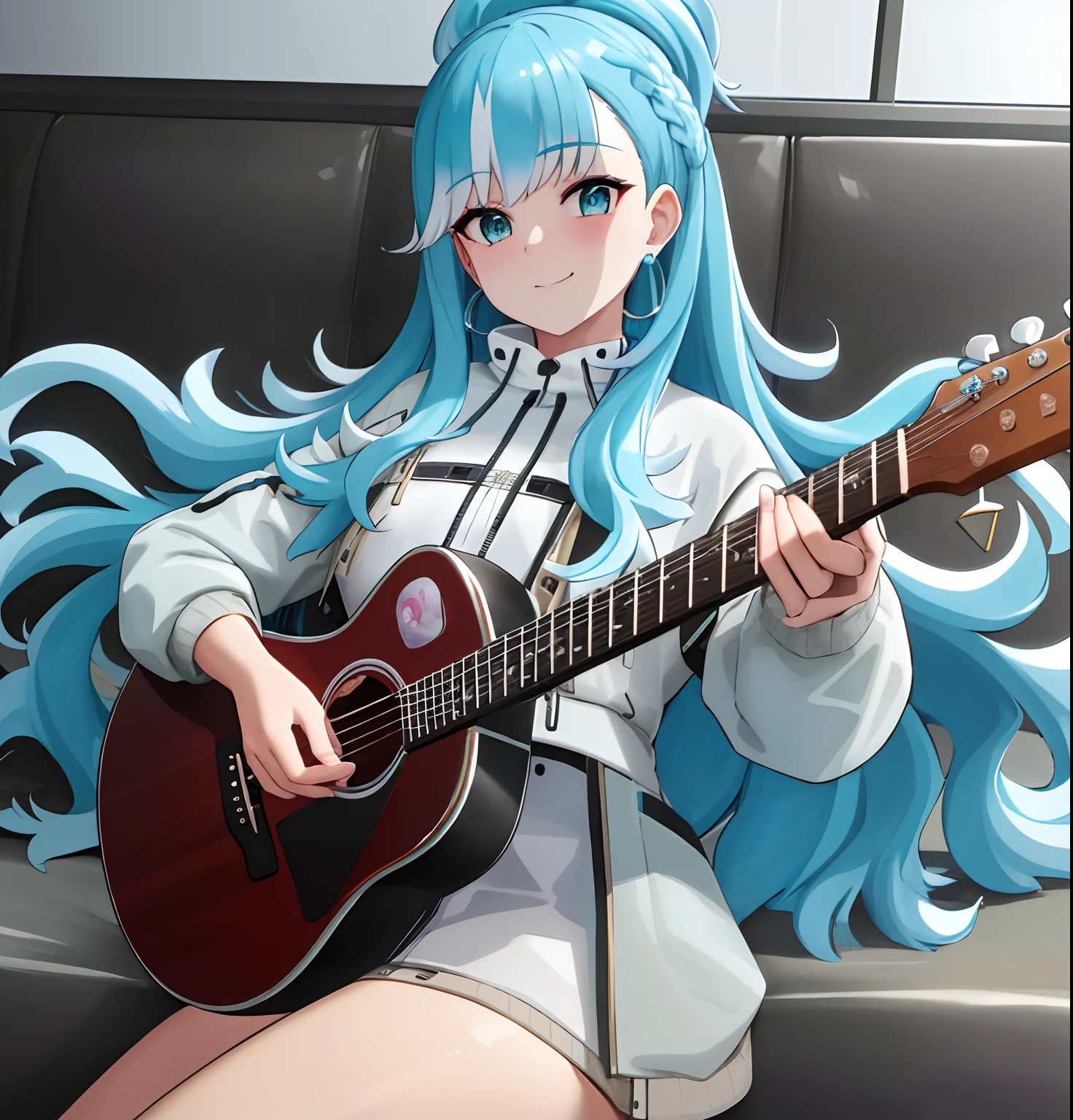 (best quality, highres, high quality), (masterpiece), goddess, 1girl, solo, (Kobo), cute face, perfect fingers, aqua eyes, point earrings, multicolored hair, looking at viewer, playing guitar, indoor, wear white jacket