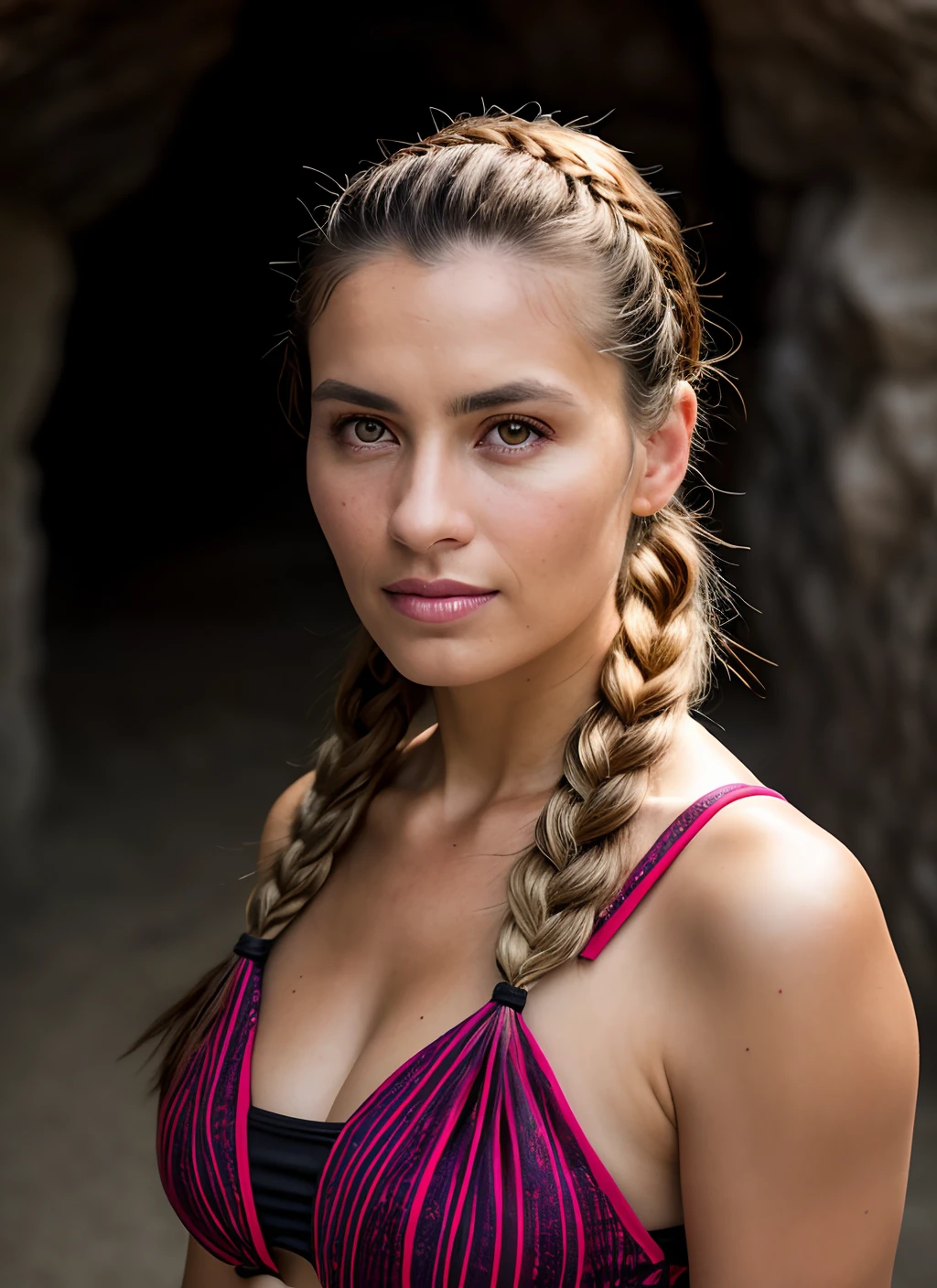 portrait of skswomen, hopeful, wearing beachwear, with black Side braid, background dungeon epic (photo, studio lighting, hard light, sony a7, 50 mm, matte skin, pores, colors, hyperdetailed, hyperrealistic),