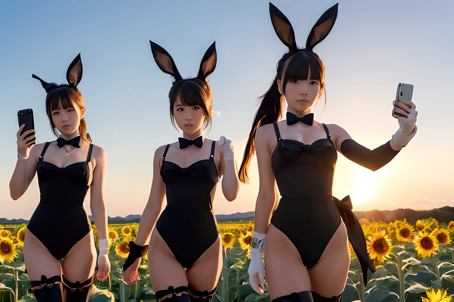 SeaArt Bot
Upscaling
15:09:19
((((Take a selfie with your right hand on your smartphone))))、(((Black Bunny Girl Hair Band)))、(((twintails hairstyle)))、(((Hair that flutters in the wind)))、Photorealsitic、超A high resolution、Convoluted、ultra-detailliert、(dent in the skin)、Cute、Feminine、Detailed body、Medium chest、(A detailed face: 1.1)、(Outline of the iris)、(Hydrocore Lens)、(perfect eyes)、8K、16 K、realisitic、Beautiful fece、(masterpiece: 1.2)、(top-quality:1.2)、wide-hips、slenderbody、Black theme、Optimal ratio of 4 fingers to 1 thumb、actionpose、((Enamel Knee High Boots))、((Enamel Long Gloves)) 、(((maikurobikini)))、(((Bunny girl collar and black bow tie)))、(((Accurately depict limbs))))、NSFW、(((Large sunflower field at sunset)))、(((Back lighting)))、2guys
