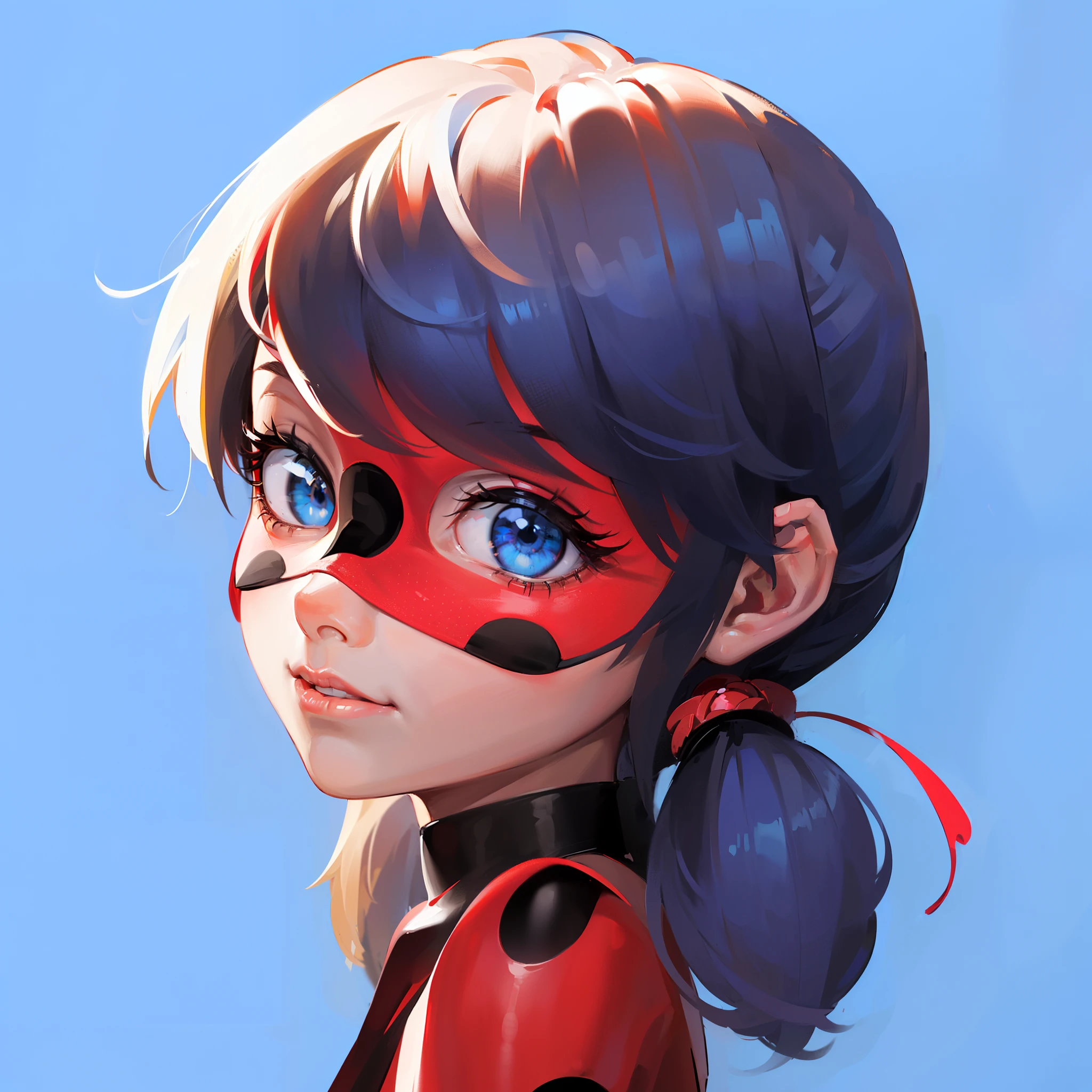 (Best Quality, Super Detail, Vivid Colors, Rich Colors,1 girl called marinette，Her posture is beautiful, (Red Background Black Circle Spot Eye Mask), (Red Background Round Black Dot Tight), Cute Girl, She's looking at the camera,Blue Hair Double Horsetail,(Gem like Blue Eyes: 1.3), Popular,8k，HD