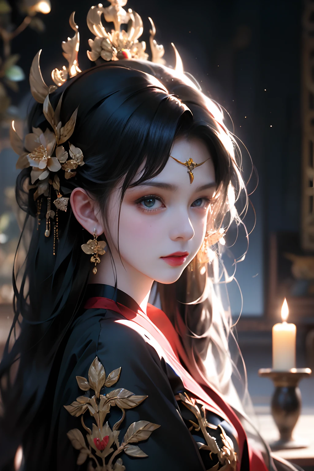 official art, Unity 8k wallpaper, ultra-detailed, beautiful, beautiful, masterpiece, best quality, darkness, mystical, romanticism, horror, literature, art, fashion, tang dynasty era, decoration, intricate, ironwork, embroidery, contemplation, emotional depth, supernatural, black hanfu, black tulle, 1 girl, mask, high priest, solo, black cat, cat, bust composition, movie lighting, dynamic perspective, sexy, full of temptation, ancient Chinese architectural background, temple, altar, black fog,