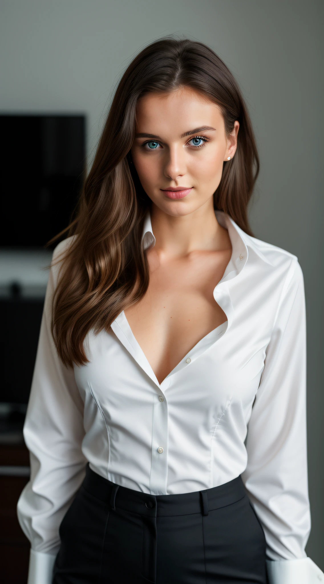 RAW photo, 24 year old russian woman wearing white business shirt, messy hair, slim body, at home, designer, holding a laptop, detailed face, blue eyes,standing full-frontal, Full-length, Body and head directly in the photo, dark black background image, elegant and elegant, facing the viewer of the photo, Eyes fixed on the lens, The shoulders and head appear in the photo, shallow depth of field, (high detailed skin:1.2), 8k uhd, dslr, soft lighting, high quality, film grain, 20mp, Fujifilm XT3, 80mm, hasselblad