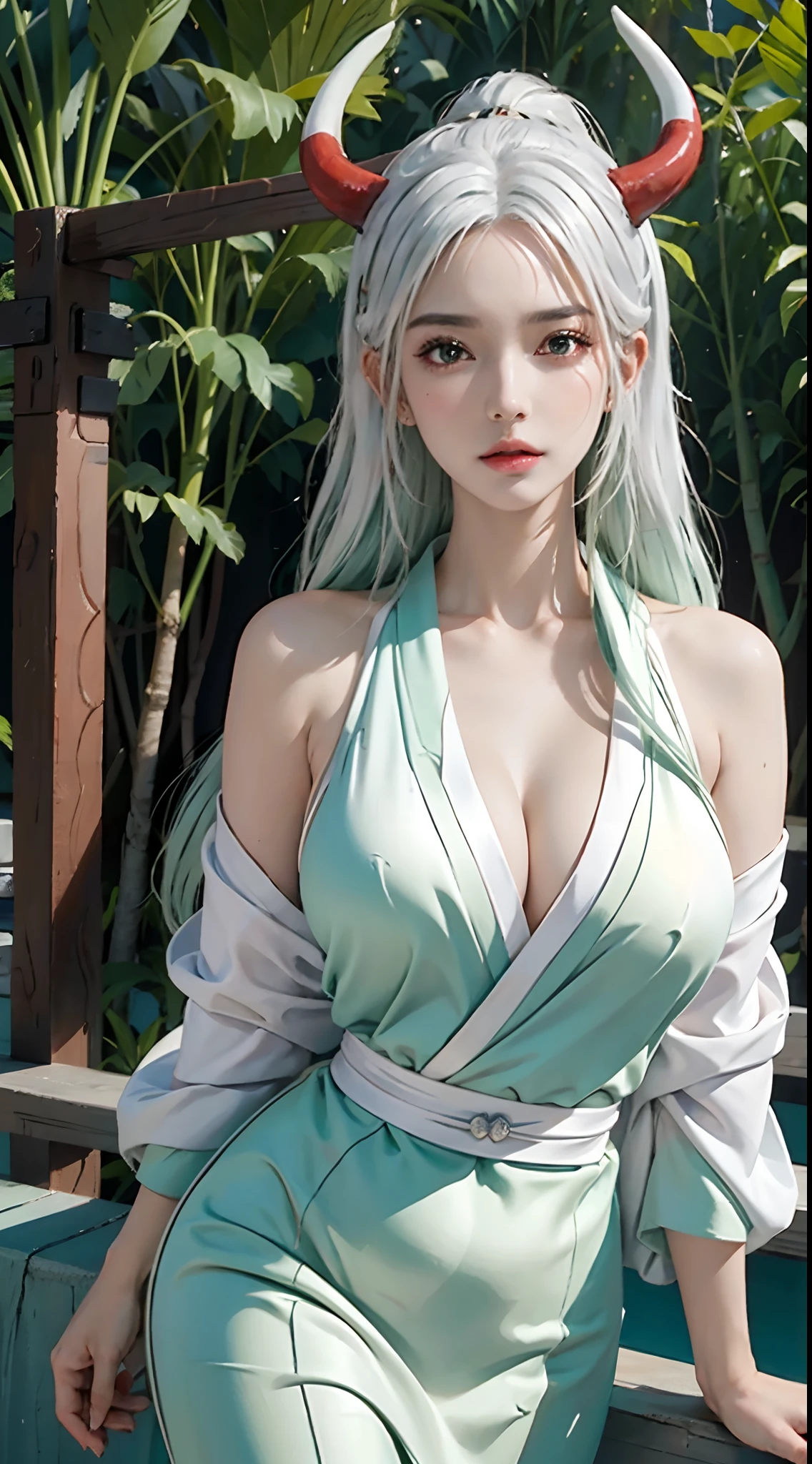 photorealistic, high resolution, 1women, solo, hips up, look at viewer, (detailed face), yamato_5000, white hair, green hair, gradient hair, horns, wanostyle, kimono, huge breasts, tattoo