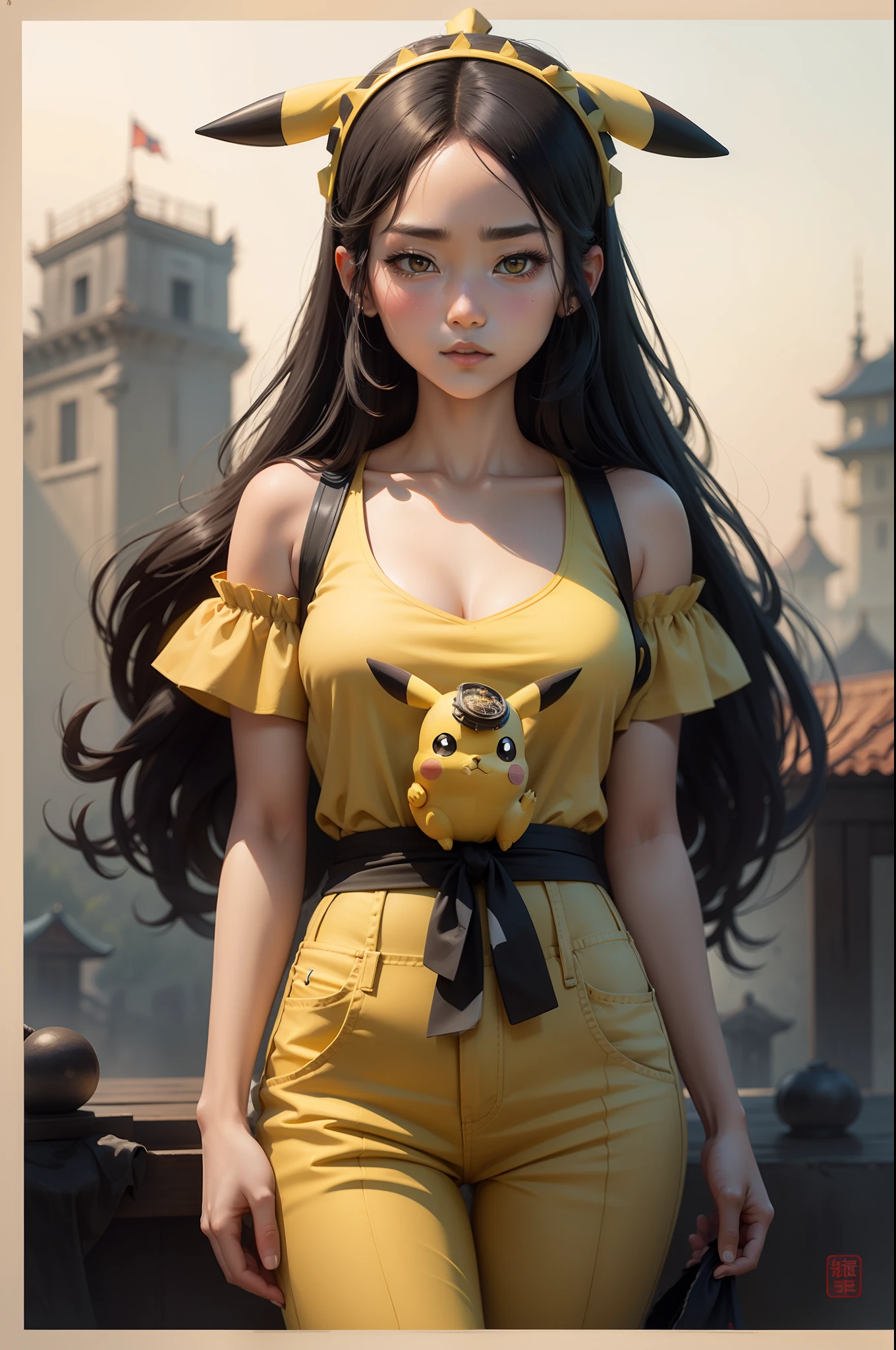 Holding a large Pikachu plush doll in his hand,Pikachu in front,A royal sister woman with long black straight middle hair,, Headshot,The chest is small,In hand-drawn comic style, Pikachu is in the lower left corner,He wears a headdress of Pikachu on his head,Cartoon character painting style in medieval European style,Hand drawn style of Sky City,Hayao Miyazaki style cartoon background,Wearing a yellow trendy top,denim pant,Hand drawn card ventilation portrait, Hand drawn art style,Miyazaki's hand-drawn style,8K high quality,Redshift style,(tmasterpiece,best qualtiy:1.2),Tradition Chinese Ink Painting