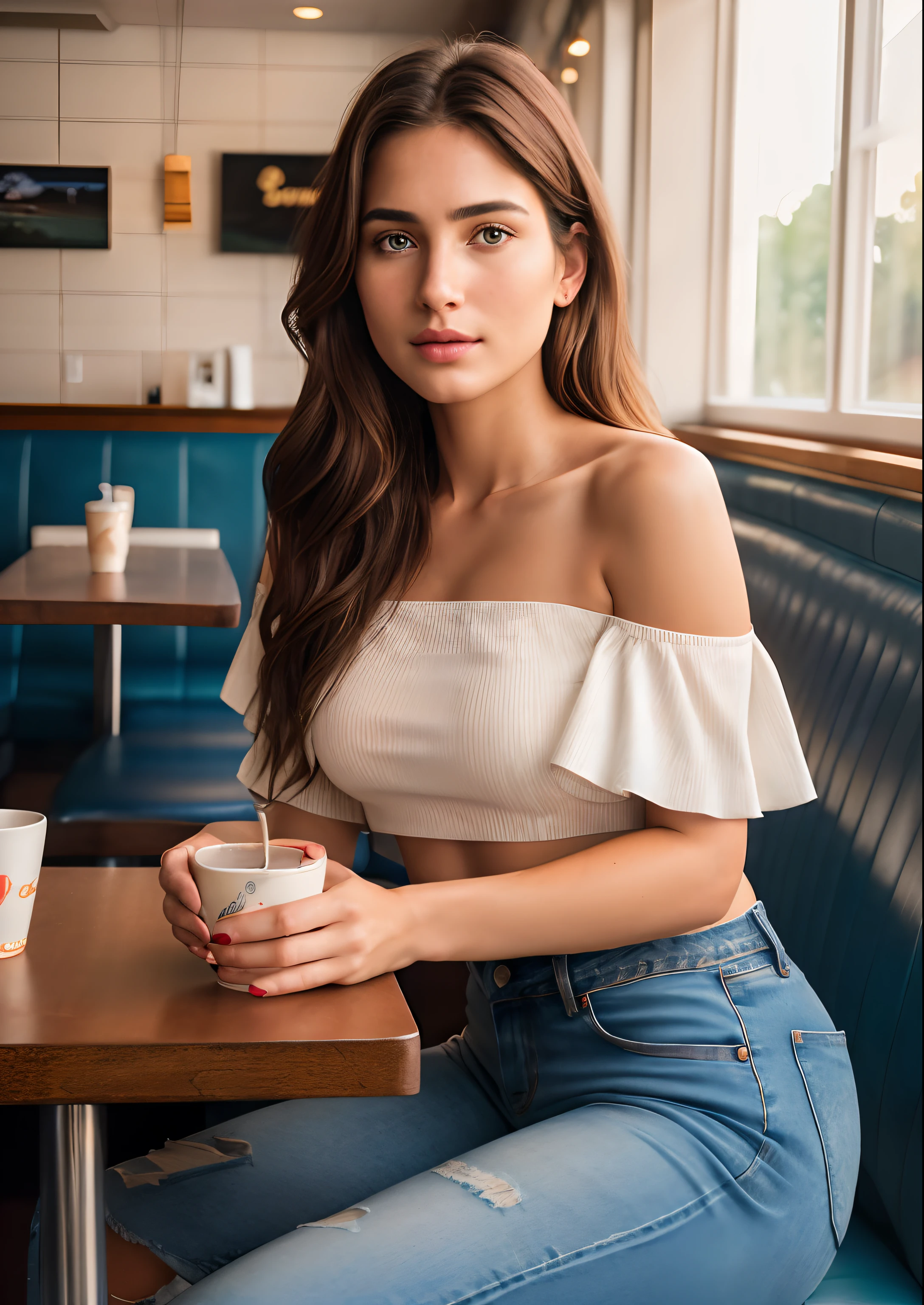 ((nsfw)), 8k, RAW photo, best quality, ultra high res, photorealistic, realistic photo of a girl wearing a croptop, bare shoulders, jeans, sitting in a diner, beautiful, detailed face, detailed, highres, realistic, photorealistic, full body, head to toe, legs, matte skin, pores, wrinkles, (extremely detailed CG unity 8k wallpaper), photo of the most beautiful artwork in the world, professional majestic (photography by Steve McCurry), 8k uhd, dslr, soft lighting, high quality, film grain, Fujifilm XT3 sharp focus, f 5.6, High Detail, Sharp focus, dramatic, (looking at viewer:1.2), (natural light)