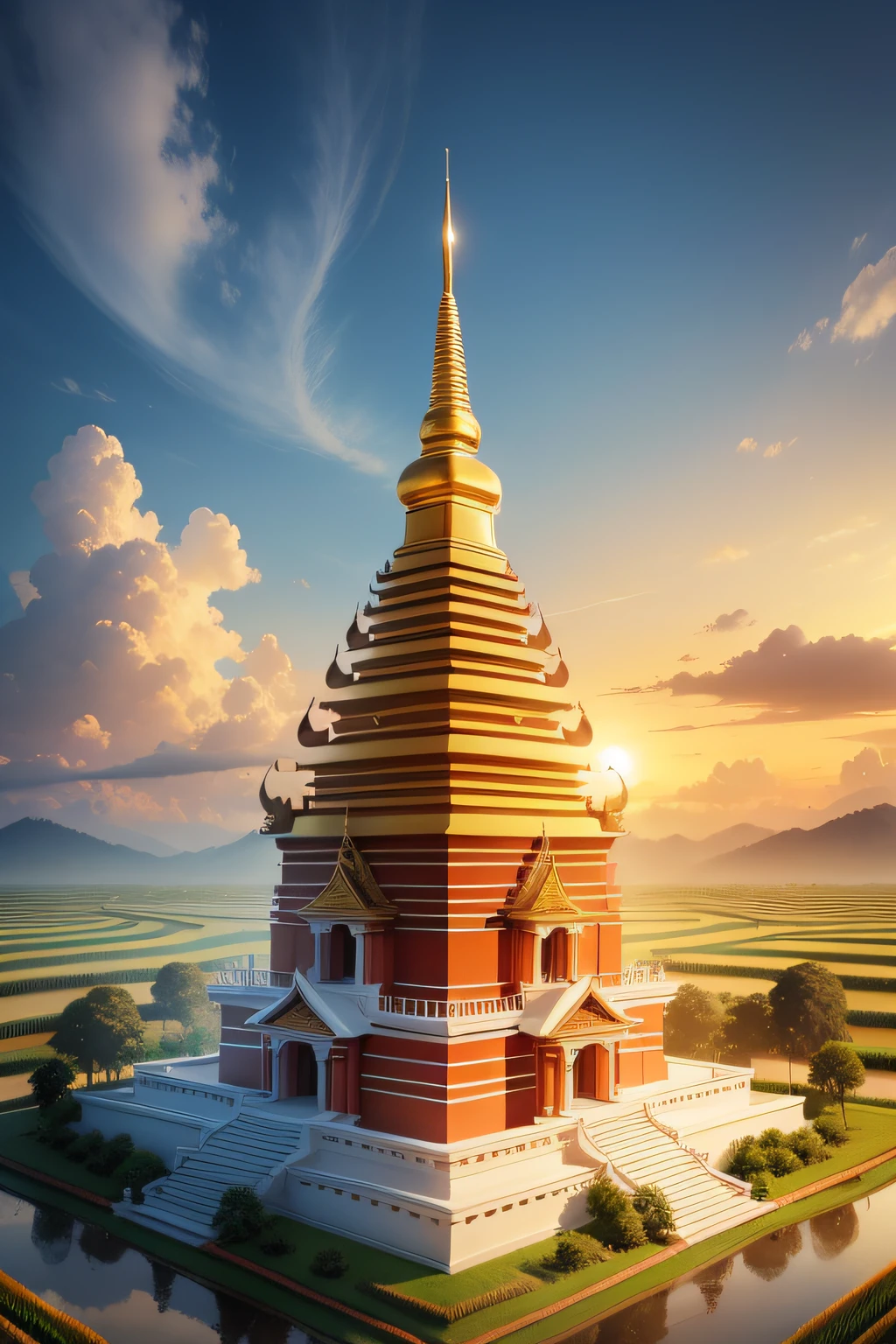 thailand cityscape paper cut,Create an image of a Thai temple located in the middle of rice fields, with a large statue of Buddha in gold and beautiful blue sky