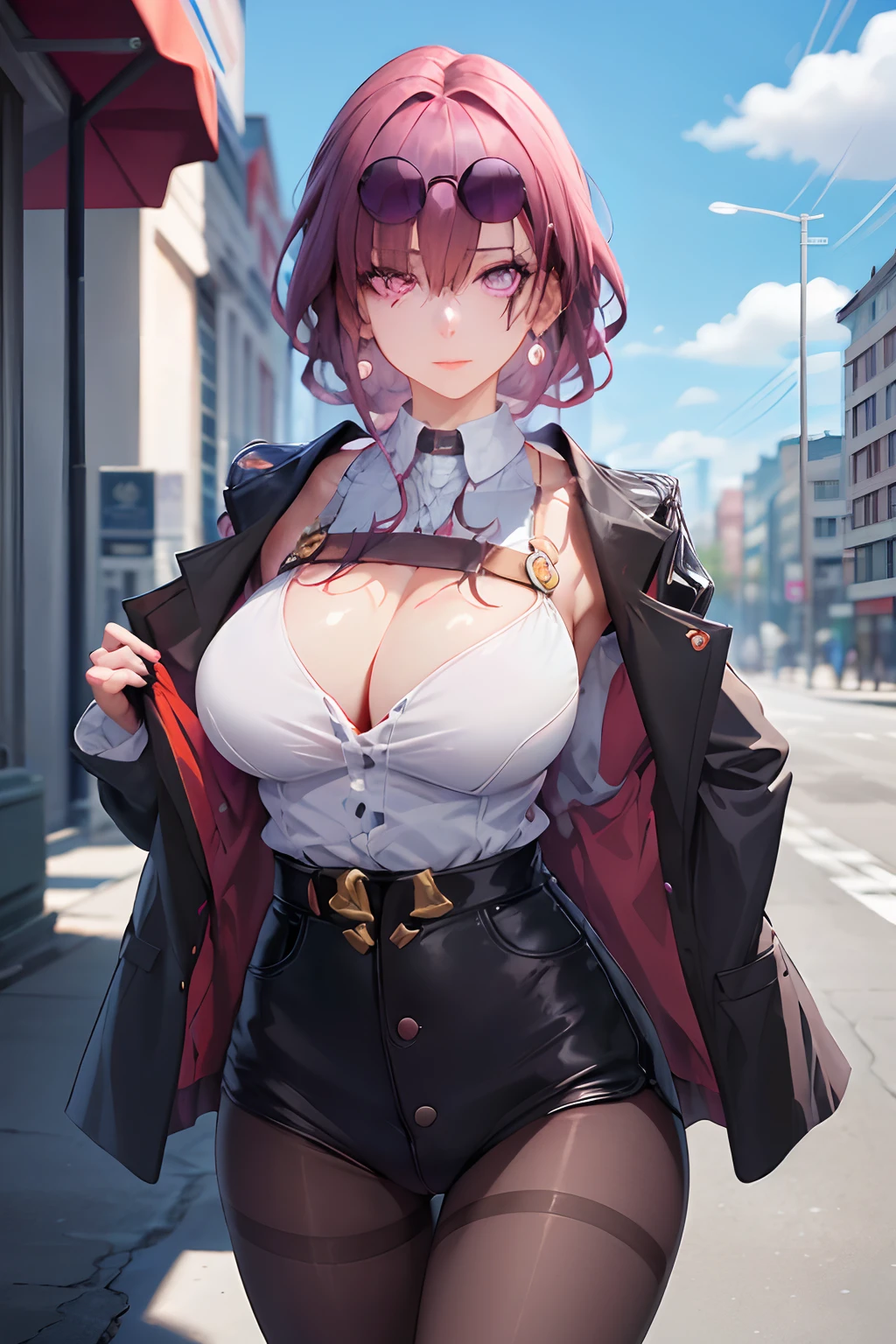 masterpiece, best quality, 1girl, skinny, large breasts,  official,shirt, (undressing:1.4),    pantyhose, eyewear on head,  purple eyes, empty eyes, earrings,  street