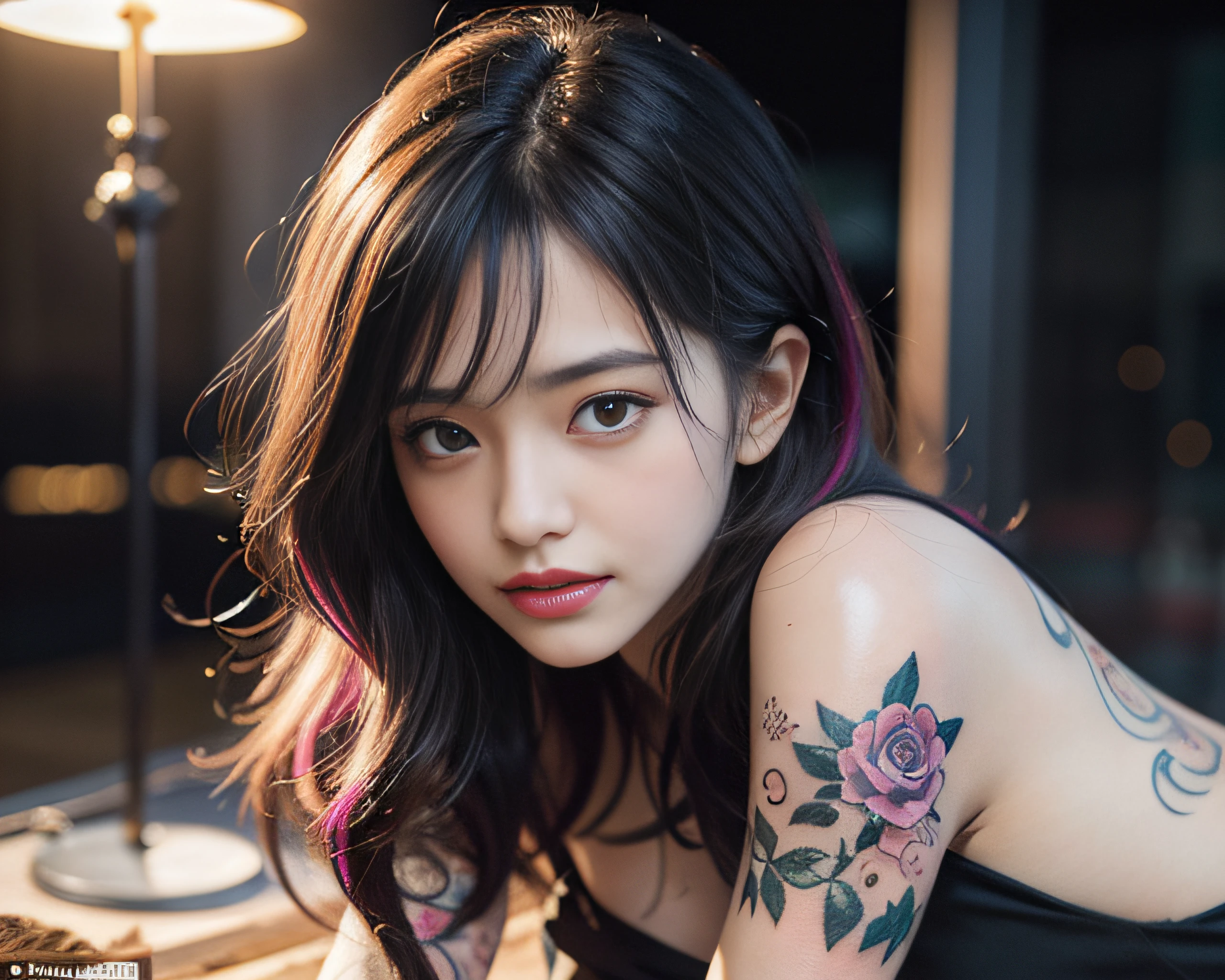 Realistic, 1girl in, Colorful hair, Purple eyes, Glowing eyes, cropped top, Skirt, Parted lips, blush, Night, Flowers, Sun, Sun, Sexy, Feminine, Seductive, Provocative, Multi-angle, ((1girl in)),Girl in fancy streetwear, neotokyo, Centered| Convoluted| Highly detailed| Breathtaking beauty| precise lineart| Vibrant| comprehensive cinematic| Carne Griffiths| Conrad Roset, 8K, Oil Painting, Cinematic lighting, rainy, ((The tattoo)),(Fancy hair color)),((random facial expression)),smirk grin,all-fours,Short Bob,inner colored