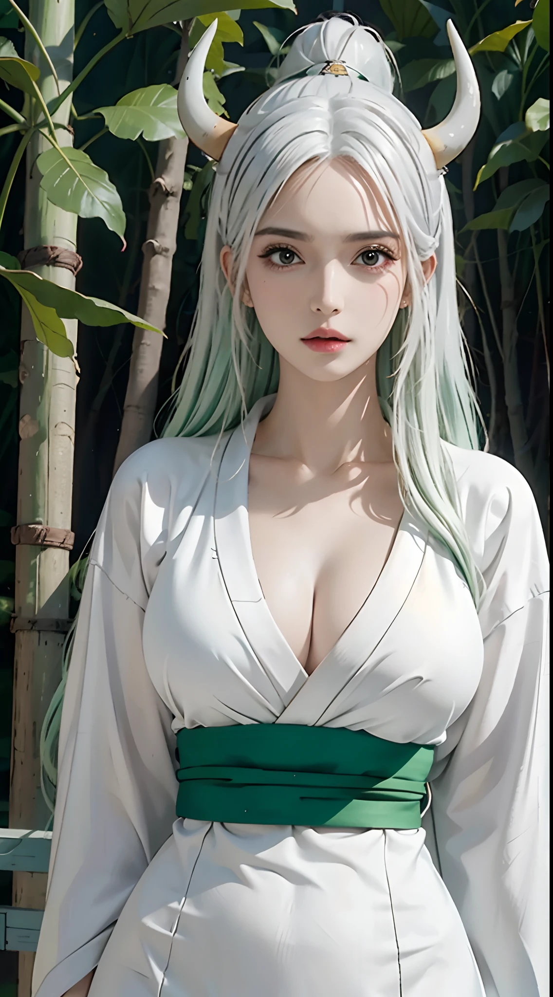 photorealistic, high resolution, 1women, solo, hips up, look at viewer, (detailed face), yamato_5000, white hair, green hair, gradient hair, horns, wanostyle, kimono, huge breasts, tattoo