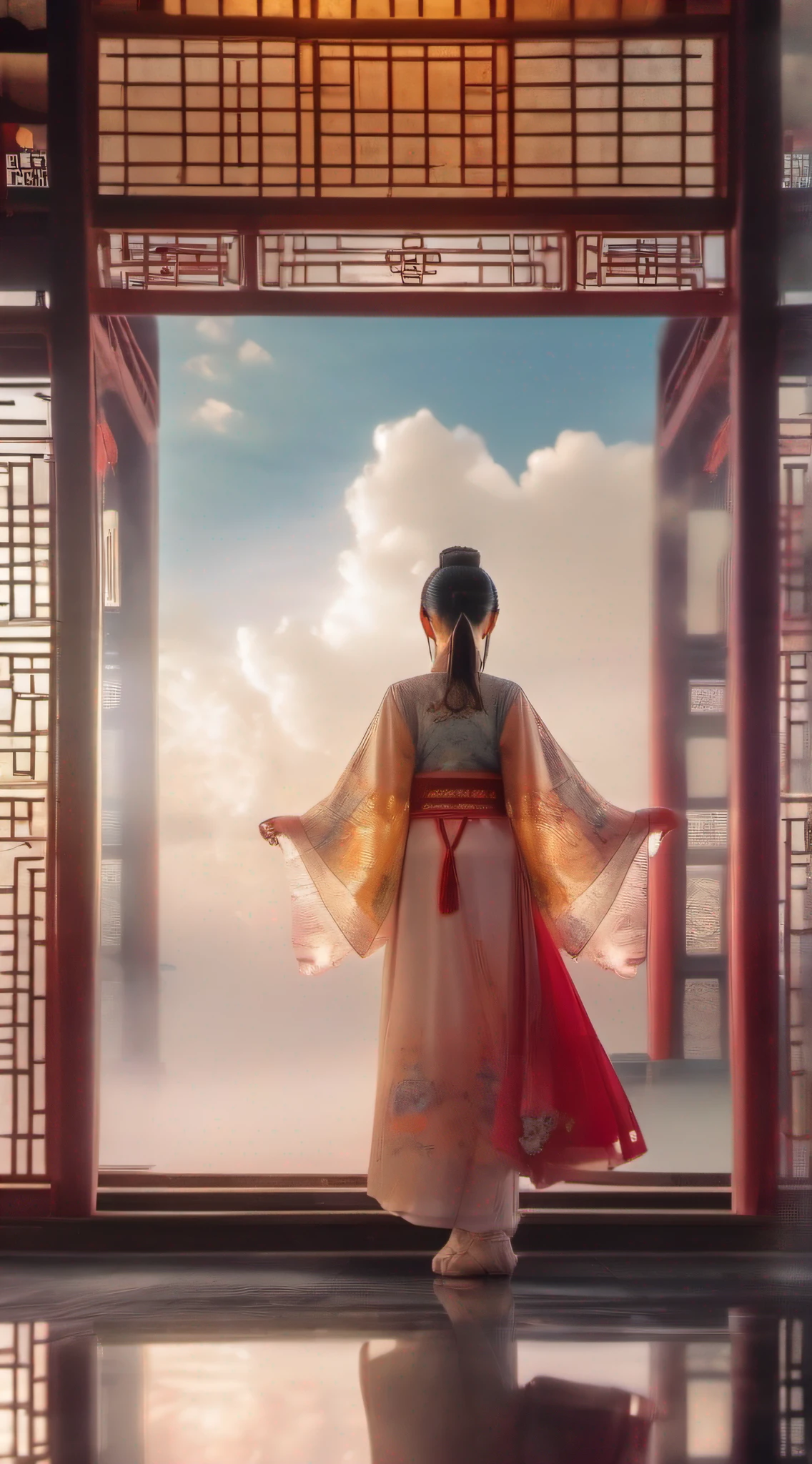 Fairy style,Soft focus, 1 Hanfu girl in front of transparent shining holy Buddha 1.3，Huge background South Heavenly Gate，Daoism，Ancient royal architecture，Skysky，​​clouds，Yushui，mix4