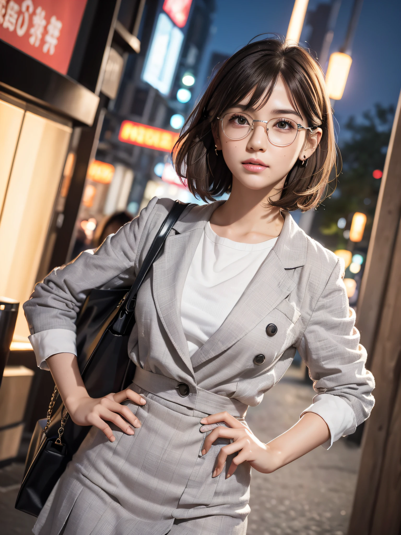 (Best quality), (masterpiece:1.3), (photorealistic:1.36), (realistic), ultra-detailed,, detailed background, 1Office lady, solo, 22 years old, slender body, small breast, short cut hair, stylish white shirt with fringe, gray jacket, tight gray skirt with shallow slit, light brown hair color, gray eyes, round glasses, forehead-baring hairstyle, hair over ears, sparkling eyes, pouty lips, one mole by right eye, detailed eyes and hair, cel Shading, hands on hips, looking up, upper angle, Japanese Downtown at night, tote bag, person-of-view, natural light,