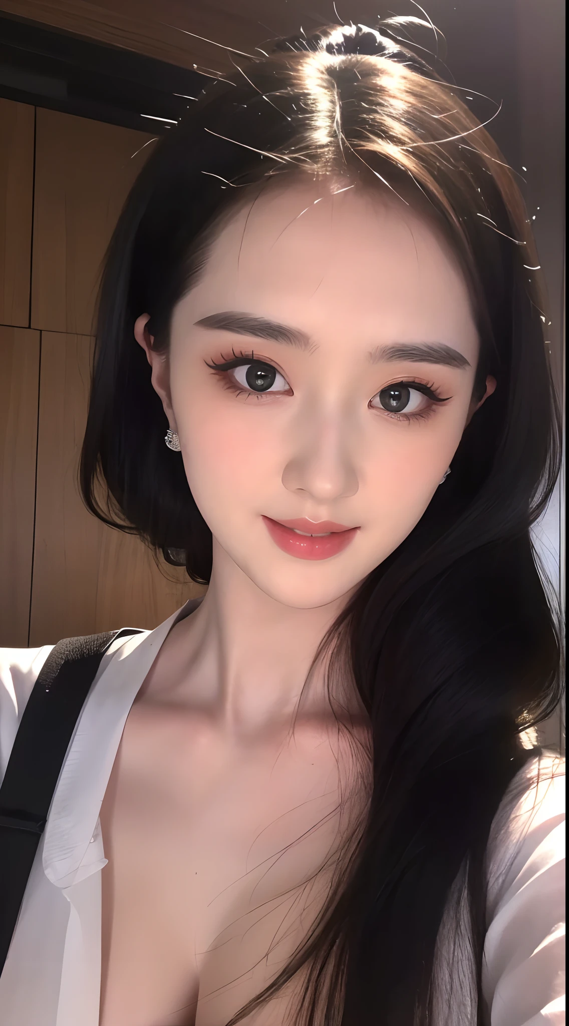 Wearing only one long shirt, (all buttons open: 1.1), big breasts, deep cleavage, best quality, masterpiece, illustration, very delicate and beautiful, very detailed, CG, unity, 8K wallpapers, amazing, fine detail, very detailed CG Unity 8K wallpapers, huge file size, very detailed, high resolution, handsome detail woman, very detailed eyes and face, wonderful detailed eyes, light on face, (Best Illustration: 1.1), (Best Shadow: 1.1), Ultra High Resolution, (Photoreal: 1.1), (Photo Realistic: 1.2:1.1), Realistic Face Proportions, Slender, Smile, (Makeup: 0.4), (Fluffy Black Eyes: 1.21), Black Eyes, Looking at the Viewer, Dark Brown Hair, Earrings, Necklaces, Hairpins, Cowboy Shots, (Irregular Irregular Skin Imperfections, Veins, Skin Wrinkles Pores: 1.2), (Dark Night Background: 1.2), (Bokeh: 1.4),