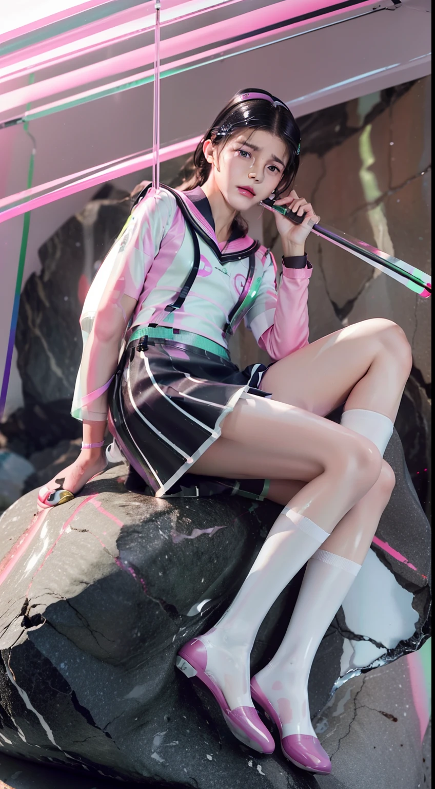 Splitting characters is prohibited, (Full body shot:2), Must show your face, anatomy correct, (On the rocks on top of the mountain:1.9), The breath of nature, (Polished pointed-toe heels must be worn:1.2), Patterned over-the-knee socks are mandatory, Keep your feet off the ground, (In pink|amarelo|blue colors|green color|red colour|white colors|black in color|purpleish color|greys|Beige|Flesh-colored), (JK school uniform:2), (gloss on the skin:1.9), (gloss on the skin:1.9), (Skin reflects light:1.9), A shallow laugh, Complex and diverse backgrounds, Strangling effect, hyper HD, Ray traching, reflective light, structurally correct, Award-Awarded, high detal, lightand shade contrast, Face lighting, cinmatic lighting, tmasterpiece, super detailing, high high quality, high detal, best qualityer, 16k