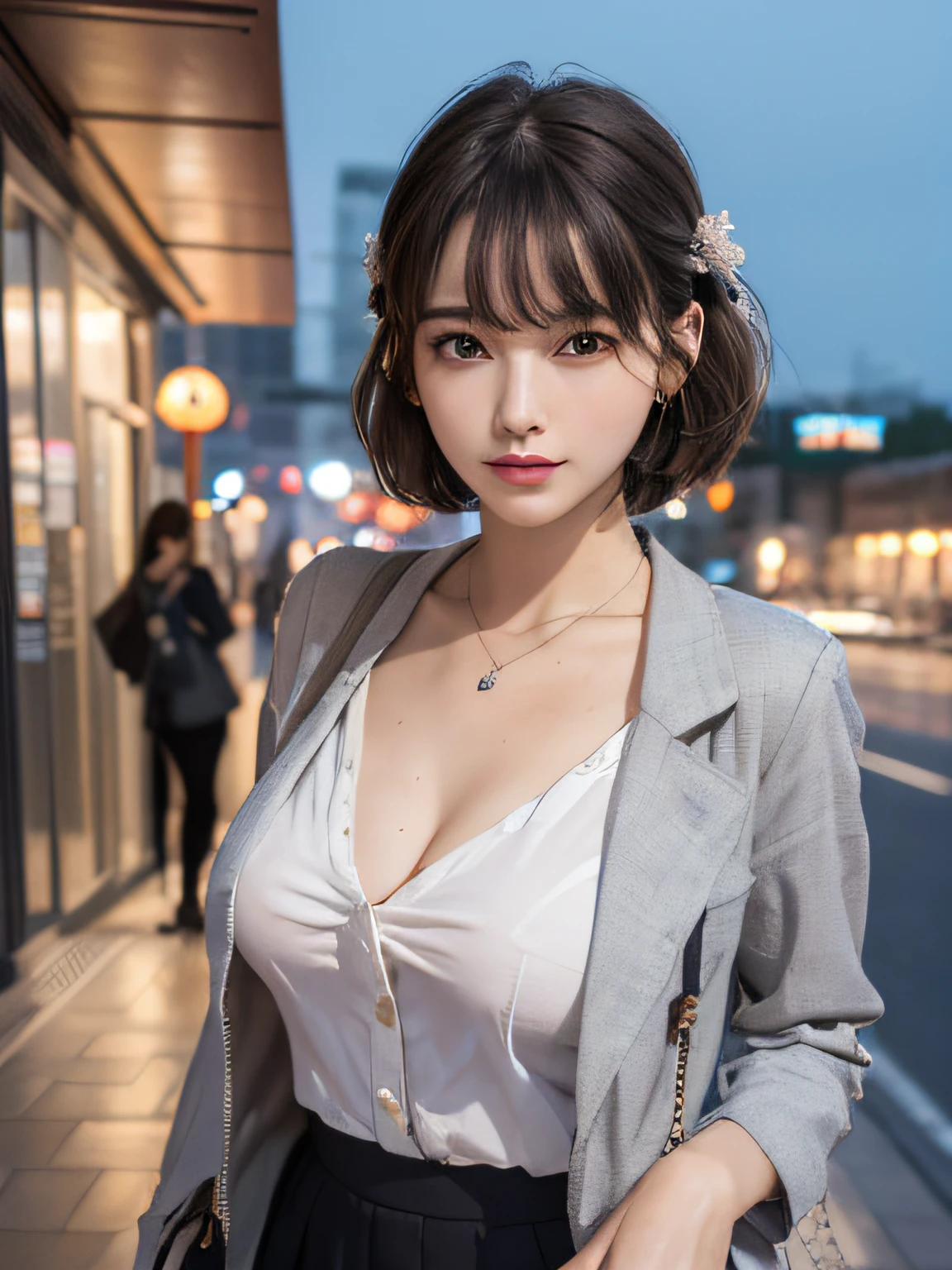 (Best quality), (masterpiece:1.3), (photorealistic:1.36), (realistic), ultra-detailed,, detailed background, 1Office lady, solo, 22 years old, slender body with, Little breast, slender breast, short cut hair, stylish white shirt with fringe, gray jacket, tight gray skirt with shallow slit, simple pendant, natural makeup, light brown hair color, gray eyes, crescent moon eyebrows, forehead-baring hairstyle, hair over ears, sparkling eyes, pouty lips, one mole by right eye, detailed eyes and hair, cel Shading, hands on hips, looking up, upper angle, Japanese Downtown at night, tote bag, person-of-view, natural light,