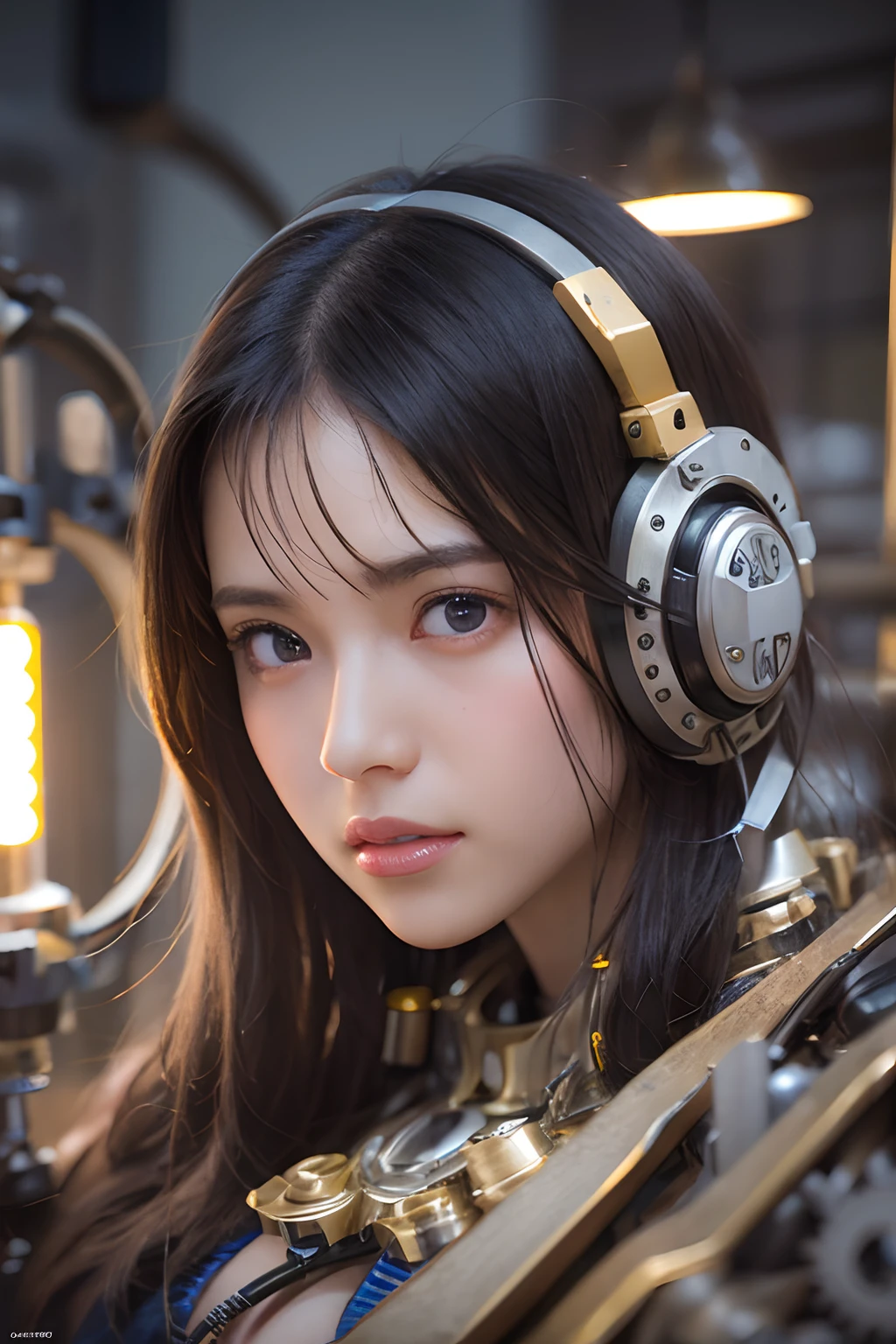 Top Quality, Masterpiece, Ultra High Resolution, (Photorealistic: 1.4), Raw Photo, 1 Girl, Black Hair, Glossy Skin, 1 Mechanical Girl, no sexy, (Ultra Realistic Details)), Portrait, Global Illumination, Shadows, Octane Rendering, 8K, Ultra Sharp, Big, Cleavage Exposed Raw Skin, Metal, Detail of Intricate Ornaments, steampunk details, vacuum tubes, nixie tubes, oil pressure gauges, glass tubes, analog meters, gears, gears, golden hydraulic cylinders, very intricate details, realistic light, CGSoation trends, purple eyes, glowing eyes, facing the camera, neon details, mechanical limbs, blood vessels connected to tubes, mechanical vertebrae attached to the back, mechanical cervical attachment to the neck, sitting, wires and cables connecting to the head, Gundam, small LED lamps,