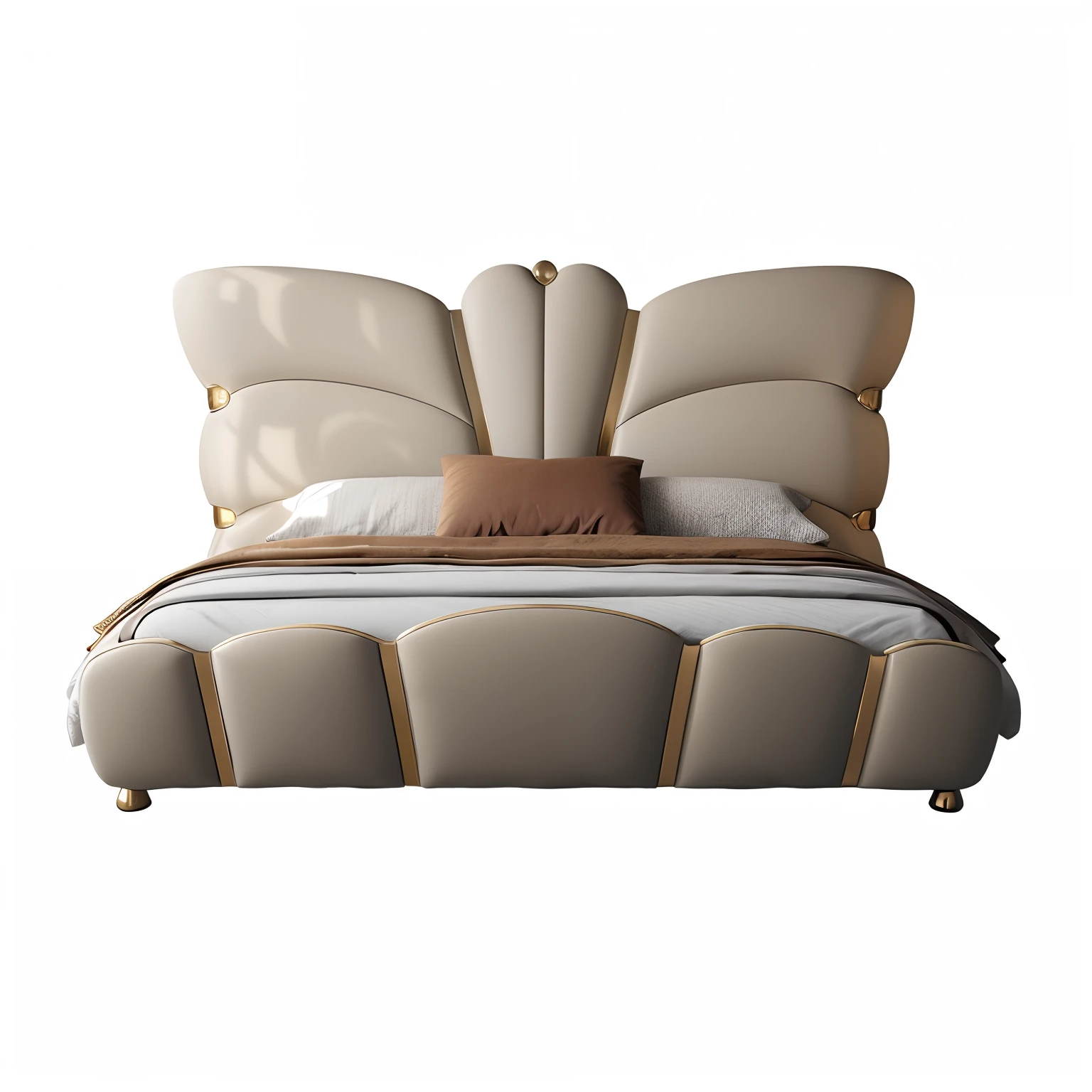 There is a bed with a butterfly headboard and pillows, un made bed, Bed, Beds, bed is not made, luxurious furniture, baroque, Maya, amber, bed on the right, depicted as a 3 d render, decor, designer furniture, art-deco, art - deco, Beige, soft butterfly lighting, sandy beige, tiffany, 3d product