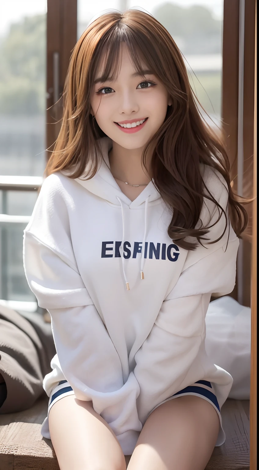 ８Raw photo of K、a beauty girl、21years old、Korean Idol、slim figure、beautiful eyes finely detailed、a park、Sit up、Big hoodie、a miniskirt、Perfect perfect eye makeup、((a smile:1.6))、Beautiful and thin legs、(chestnut-colored hair)、Medium Hair、fluffy hair、a picture、独奏、(​masterpiece)、Photorealsitic:1.9、、ultra-detailliert、(high detal)、(top-quality:1.0)、(超A high resolution:1.0)、Wavy detailed hair、length hair、rays of sunshine、(Beautiful detailed makeup)、((Highly sexual))、I see underwear
