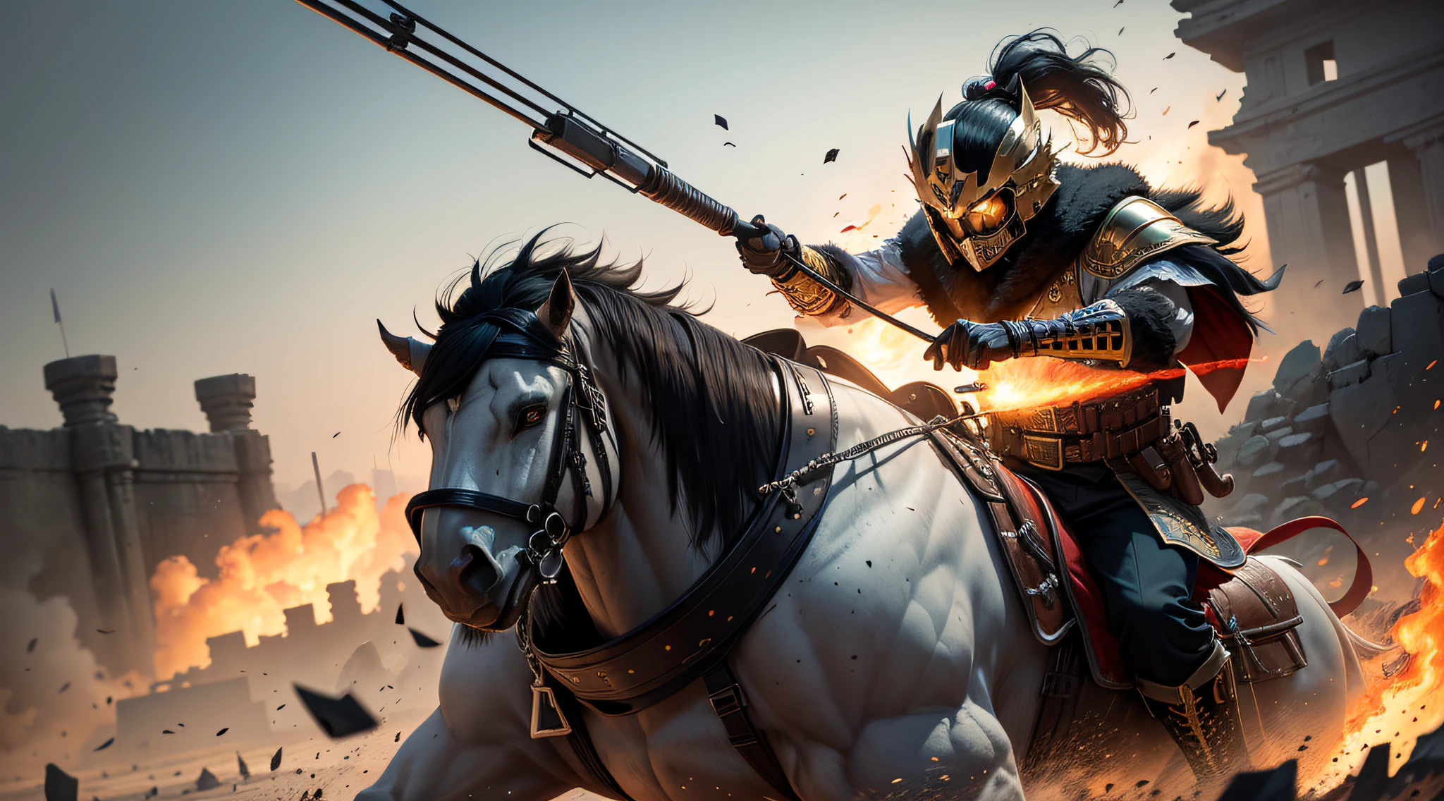 A general in Tang dynasty armor and a gold helmet stands in the center of an open-top jeep, holding a gatling gun and emotionlessly mowing down enemies in front. Amidst the jeep's engine roar, flames spit from the gun muzzle and shells scatter around. The general's black hair and red cloak flutter in the strong wind. Surrounded by rolling hills and scattered bones, dust and smoke fill the air as killing intent permeates. The general's eyes remain calm, his posture steady, and his shooting skills adept as enemies fall one after another, fleeing in disarray. This hyper-realistic scene depicts an intense clash and contrast between ancient and modern technological civilizations. The artwork is done in the style of traditional Chinese ink painting, with a strong contrast between light and dark, vivid brushstrokes, and an expressionistic approach. The composition captures a panoramic view, showcasing the ruins of an ancient castle. The color palette is predominantly black, white, and gray, with high-quality details that enhance the overall visual impact of the illustration design.