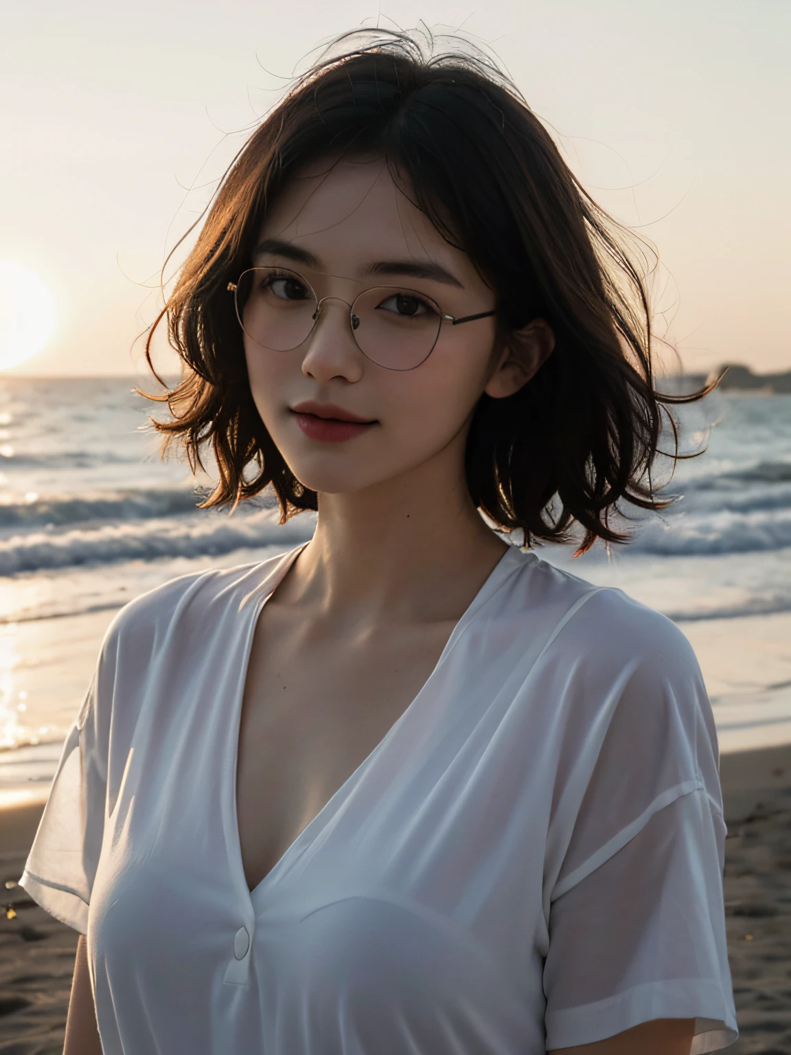 best qualtiy,tmasterpiece,超高分辨率,(真实感:1.4),RAW photogr,1girll,,deep shading,low tune,Cold light original photo,(closeup cleavage:1.5),(sface focus:2),(1girll被soft_Light:1.5包围),(illuminating),(Flowing fabric:1.3),(White shirt with T-shirt) (tmasterpiece), realisticlying, hdr, highly detailed, 8K, RAW photogr, Environmental occlusion,naturey,Harmonious composition,wears glasses,Wavy curly hair,short detailed hair,a warm color palette,guard,fine art photography,Have by the sea,the setting sun,wave,Rochas,ssmile,Silk scarf,conservativelydressed
