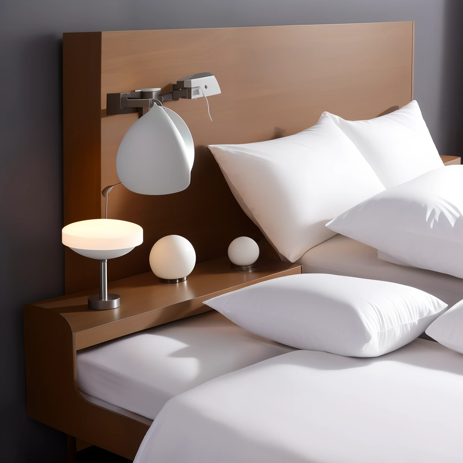Nightstand occupies 70% On the screen、The bed has a visible rim、Nightstand with round wooden frame and white top plate、White pillow and white blanket bed、The bed frame is rectangular and wooden.、The walls are white、Gray floor、Sunset lighting、diffuse glow、Soft light、