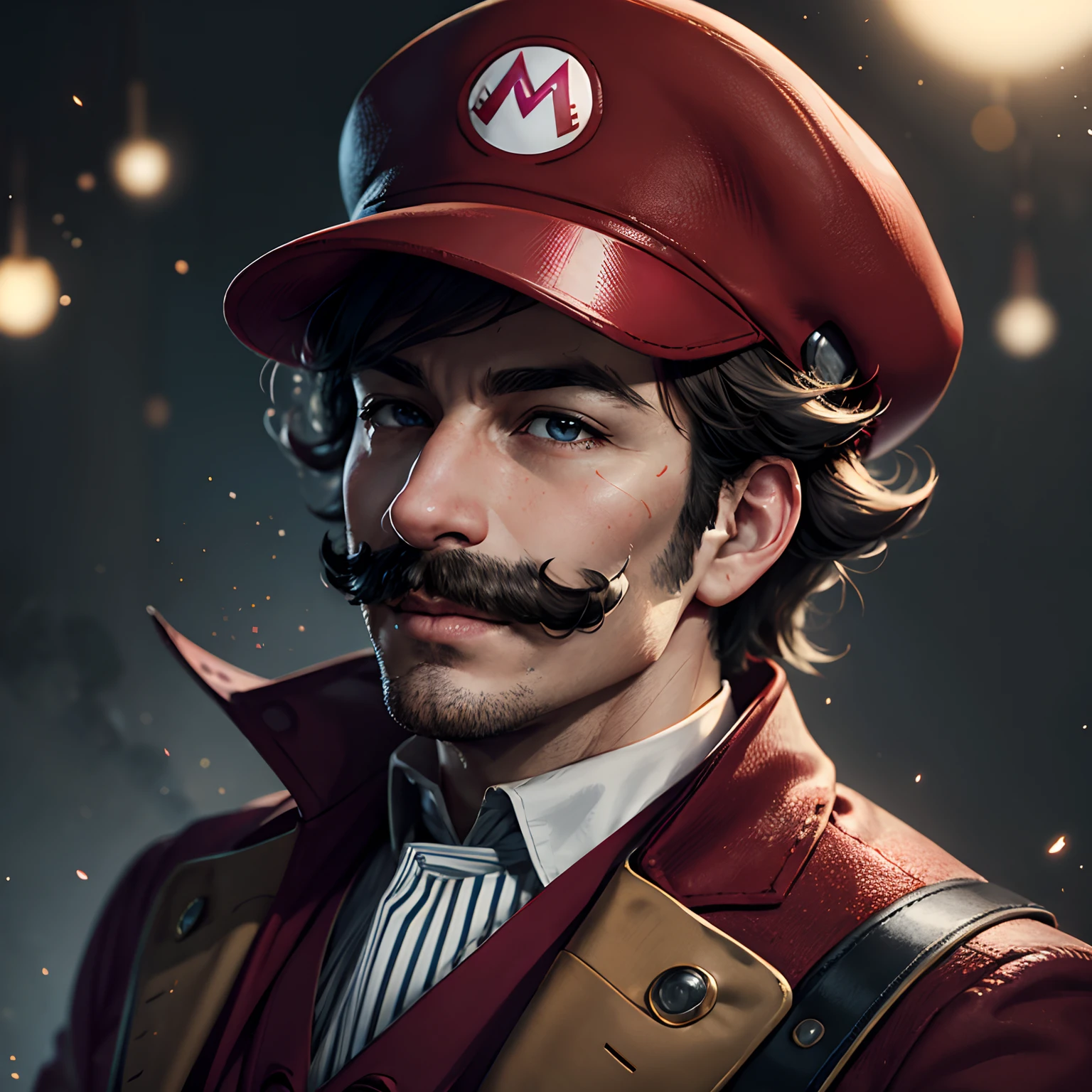Mario Portrait、red headwear、mustaches、Particle、eyes focus、Bright scene、dandy