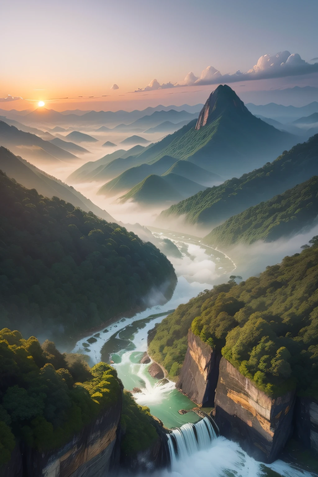 Sunset,Province fog covered,Mountain scene blanketed ethereal mist,mountains pure as a dream Take photos of green landscapes, valleys, and rivers flowing in front of temples, Waterfall sampling steps, city in mist, Andaman Sea.