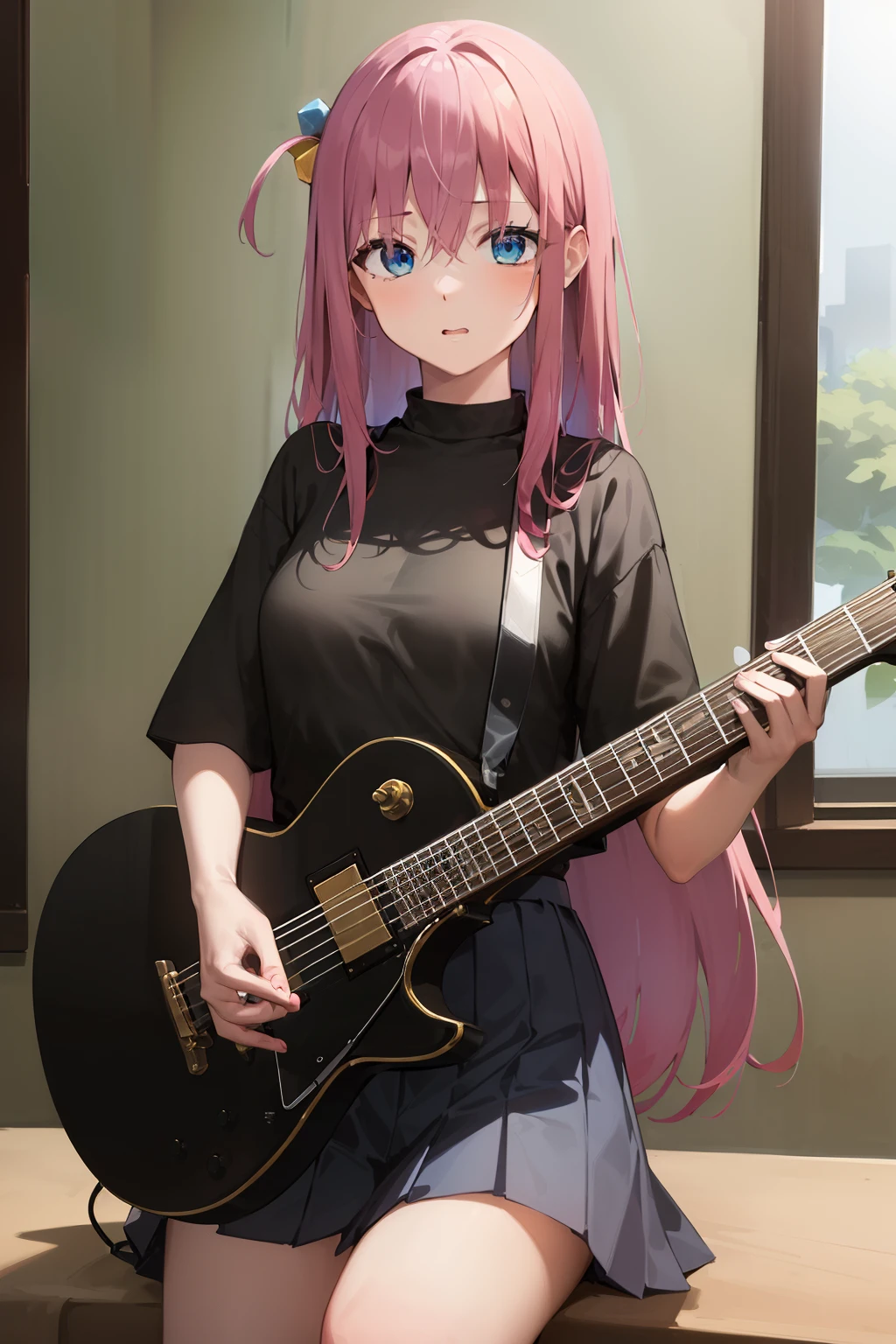 ((masterpiece,best quality))1girl, solo, black shirt, white skirt, blue eyes, long pink hair, playing guitar, pleated skirt, indoors, gotou1, gotou hitori