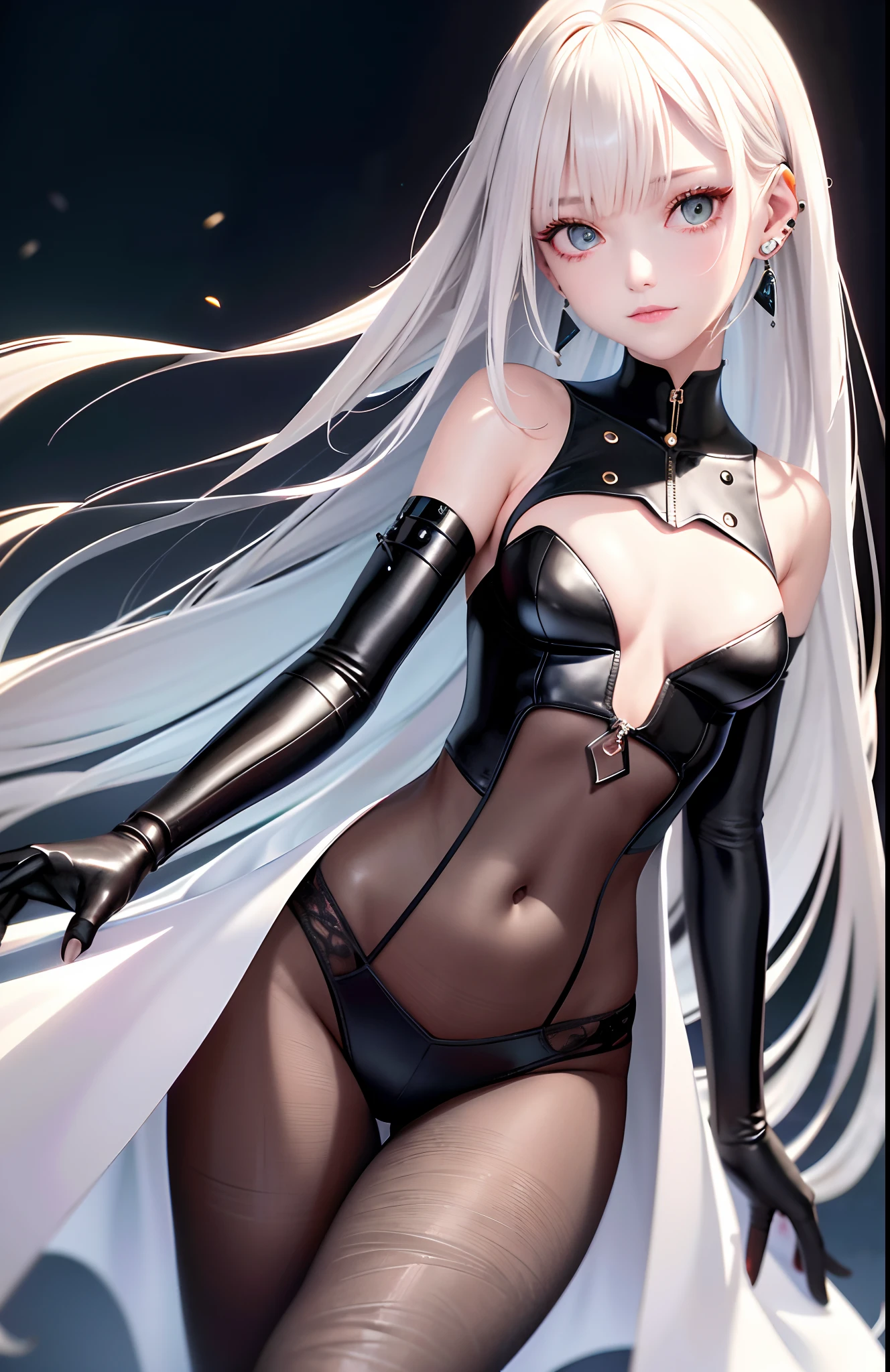 optimum,tmasterpiece,A high resolution,best qualtiy,hyper HD,super detailing,Award-Awarded,16k,独奏,(The upper part of the body),anatomy correct,Beautiful cyberpunk girl,Ex Machina,cute face,high light,Gradient Beige Hair,Hairline,((Scarlet eyes)),long eyelasher,Hanging eye corners,White skin of the,(small boobs),(Slim body),((Short jacket)),((frilld_dress)),ear studs,(neck rings), very short gloves,(Laser material clothing:1.2)