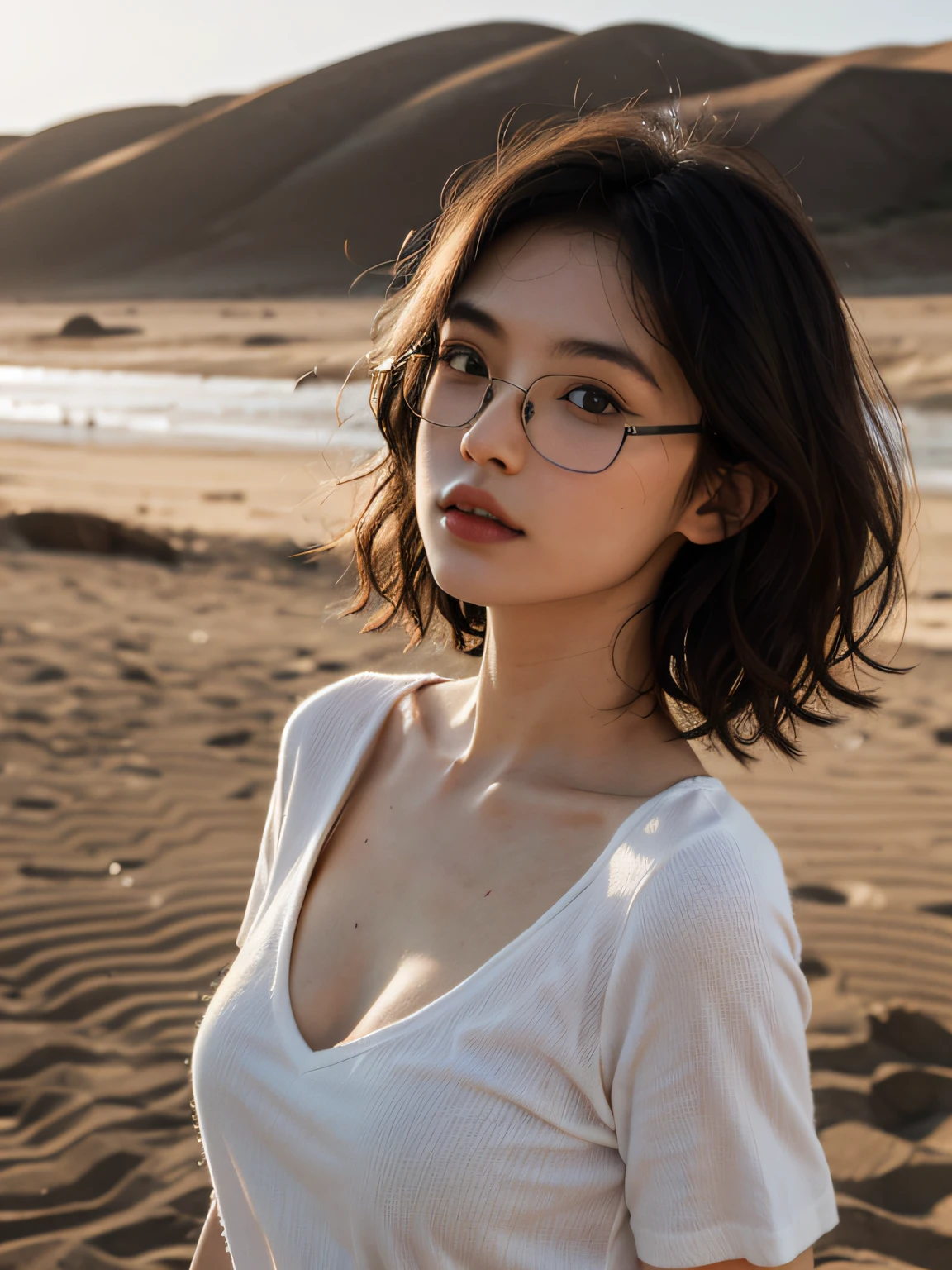 best qualtiy,tmasterpiece,超高分辨率,(真实感:1.4),RAW photogr,1girll,,deep shading,low tune,Cold light original photo,(closeup cleavage:1.5),(sface focus:2),(1girll被soft_Light:1.5包围),(illuminating),(Flowing fabric:1.3),(White shirt with T-shirt) (tmasterpiece), realisticlying, hdr, highly detailed, 8K, RAW photogr, Environmental occlusion,naturey,Harmonious composition,wears glasses,Wavy curly hair,short detailed hair,a warm color palette,guard,fine art photography,In the Gobi,Sand,The package is tight,Beautiful,Sun